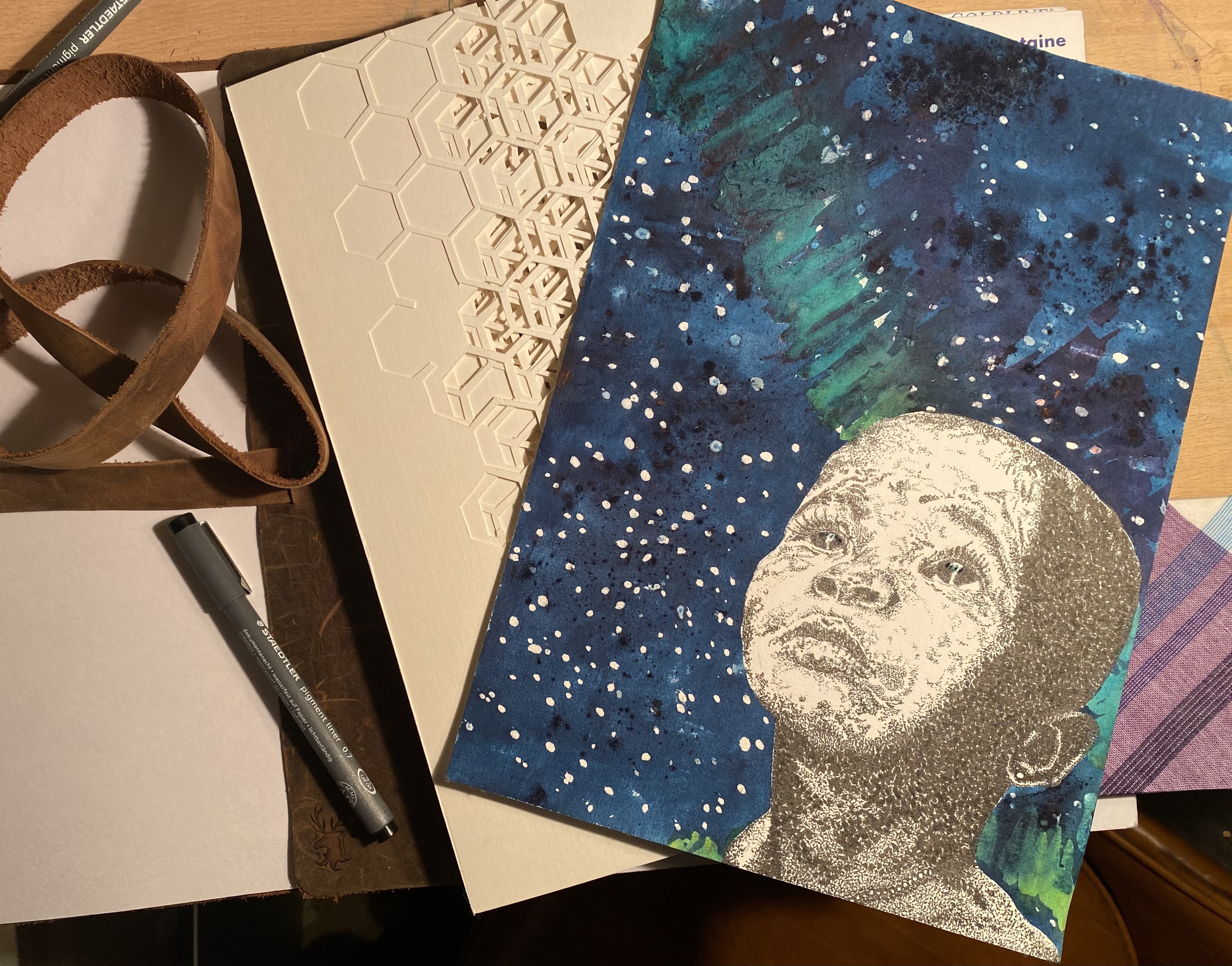 Sarah Ruttle: Waves of Light, 2023 | Sarah Ruttle: Studio | Wednesday 15 October  – Saturday 20 December 2025 | Uillinn: West Cork Arts Centre | Sarah Ruttle: Waves of Light, 2023 |  mixed-media (?) artwork on paper; we see a child’s head looking a bit to our left and upwards; behind the head, we see stars and perhaps an indication of the Milky Way (though in green brushstrokes) or of the aurora or…?; lots of stars in the dark-blue sky; the child’s head looks as thought it was printed onto the card, whereas the rest looks painted 