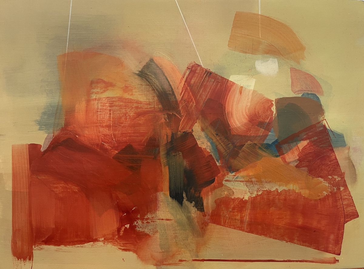 Stephanie Deady, Emotional Calculus, oil on birch plywood, 26 x 35.5 cm, 2025 | Stephanie Deady: Emotional Calculus | Thursday 20 November  – Saturday 20 December 2025 | Kevin Kavanagh | Image: Stephanie Deady, Emotional Calculus, oil on birch plywood, 26 x 35.5 cm, 2025 | abstract artwork which may hint at a landscape; the colour spectrum is autumnal; paint has been applied by brush and something more flat-edged, like carcboard or wood, in strokes and sweeps; the background is a murky pale yellow ochre, and it is partially crossed by thinnish white lines coming down at an angle from the top of the artwork 