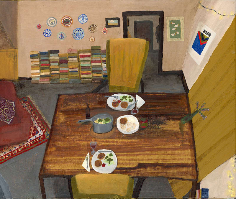 Mollie Douthit, 'For Sara, holding space', oil on linen panel, 25 x 35cm | Sara Baume & Mollie Douthit: Holding Space | Friday 7 November  – Friday 28 November 2025 | Molesworth Gallery | Image: Mollie Douthit, 'For Sara, holding space', oil on linen panel, 25 x 35cm | painting of a domestic scene; we are looking from above and a metre or two away downwards onto a square wooden table on which a meal is served for two; it looks roughly like two hamburger patties, rice, cauliflower and maybe ketchup; there’s more food in the pot on the table, and there is a third plate in the middle of the table, with some food on it, mysteriously (the hint may be in the title?); there is cutlery on the table, but just for two; the dining chairs look padded and comfy; there are a lot of books stacked against a wall behind, and a door, and fancy plates hanging on the wall, and a Persian-style rug at an angle 