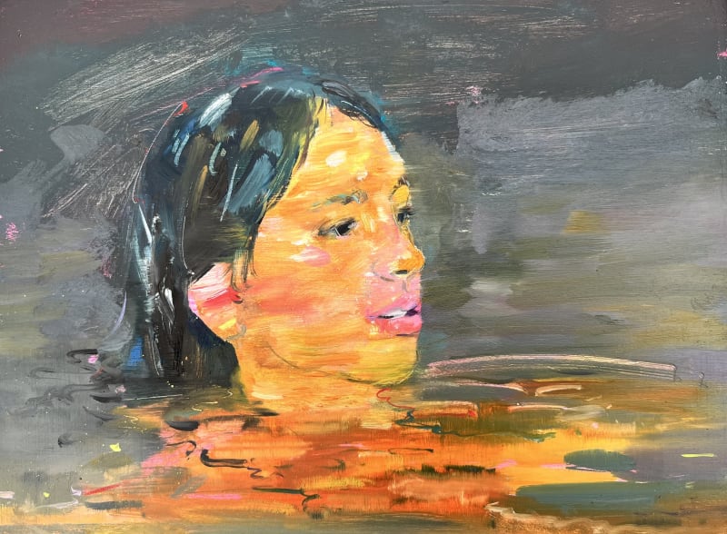 Gabhann Dunne, 'Through the tannin', oil on gesso panel, 18 x 24cm | Gabhann Dunne: Among the Small Trees | Thursday 4 December  – Tuesday 23 December 2025 | Molesworth Gallery | Image: Gabhann Dunne, 'Through the tannin', oil on gesso panel, 18 x 24cm | close-up of the head of a swimmer who is facing towards the right side of the canvas; we see reflections in the water – strong coloration on face and in the reflections; vigorous execution of the paintwork, some scratching into the paint in parts; grey suggested-in background 