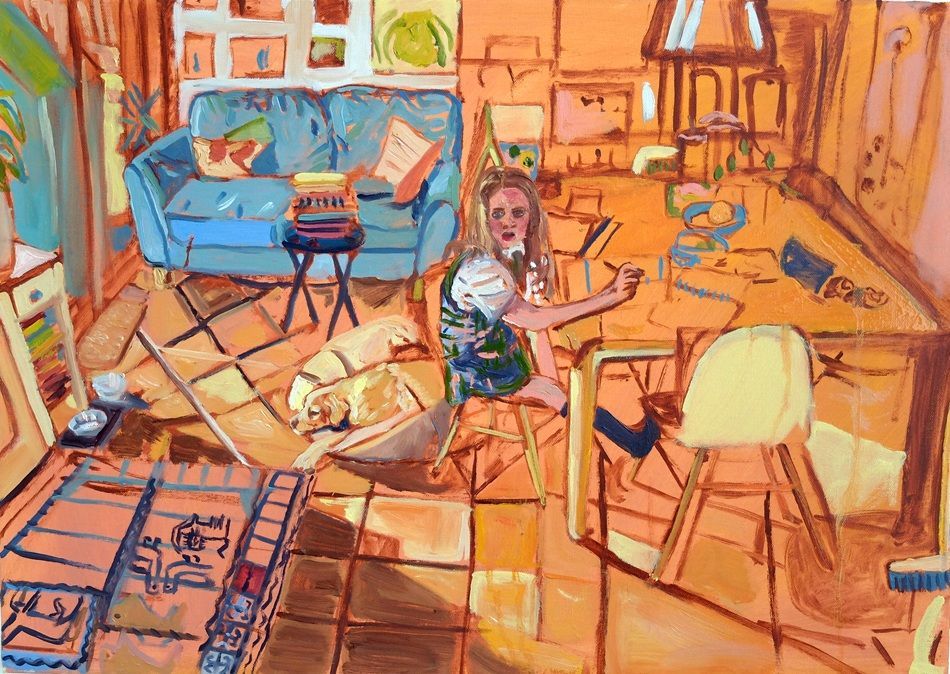 Vicky Smith, Obair bhaile, Homework, oil on canvas, 50x70cm, 2025 | Group show: Ode to Giants | Friday 7 November  – Sunday 7 December 2025 | Olivier Cornet Gallery | Image: Vicky Smith, Obair bhaile, Homework, oil on canvas, 50x70cm, 2025 | In what is possibly a kitchen + living-room area, we see a child / young teen sitting at a large table, presumably doing homework though looking towards us; there is a dog – golden retriever? – on a cushion on the floor, a blue sofa in the background, some fruit in a bowl on the table, signs of paintings on the wall in the background. plus a possible door, a chair at the table, tiled floor in two different patterns, much sunlight from what is probalby a large window to the left, or a patio door, overall orange tone, looks nice!   