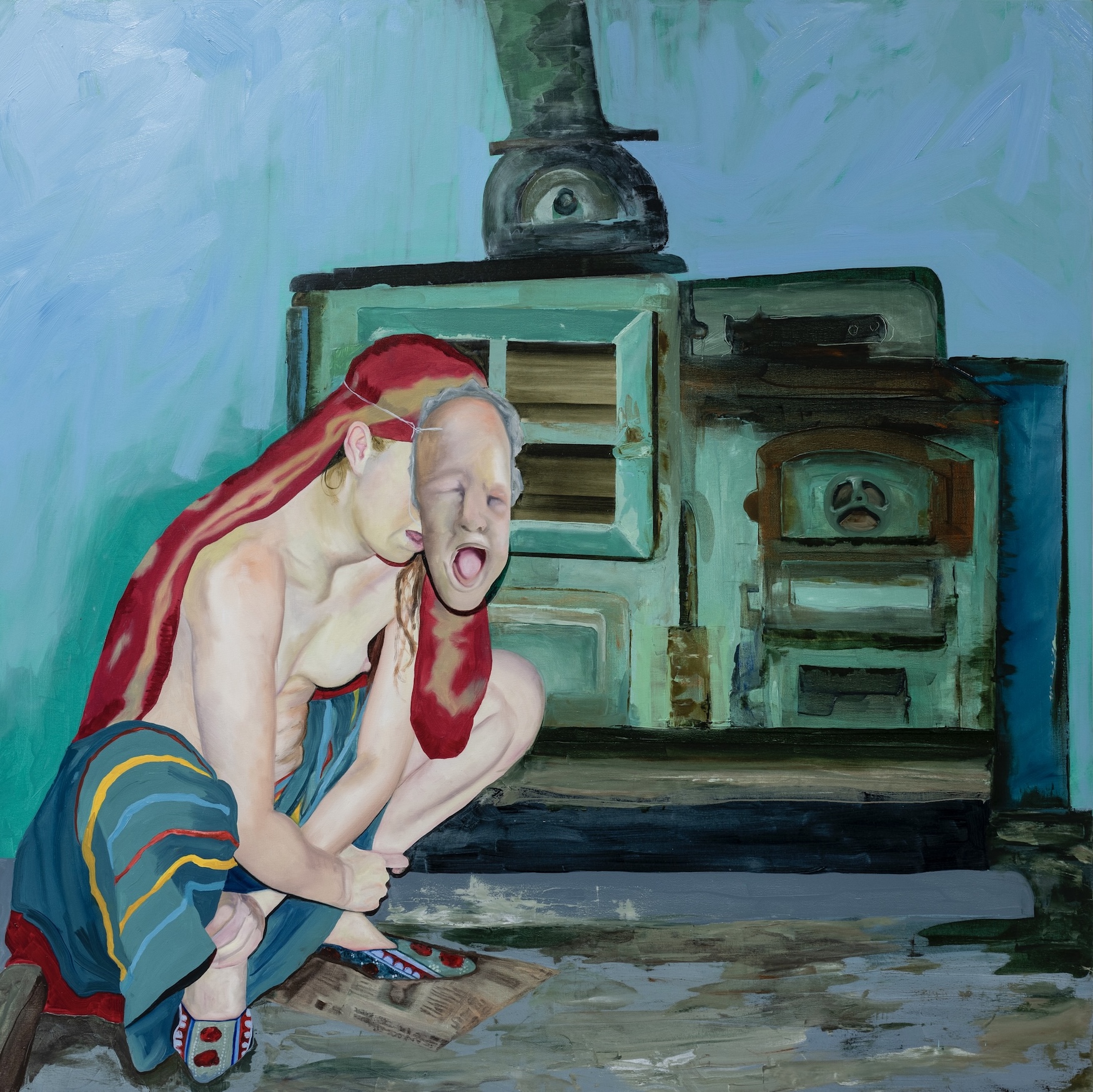 Eileen Leonard Sealy, Someone come to the door, 2024, oil on canvas, 120 x 120 cm | Winter Exhibition | Thursday 11 December 2025  – Saturday 24 January 2026 | Hillsboro Fine Art | Image: Eileen Leonard Sealy, Someone come to the door, 2024, oil on canvas, 120 x 120 cm |  we see a fairly naked figure squatting near a probably disused Aga-type cooker; there is a mask over the face, though we can see under it a bit, from the side; there is very large headscarf that trails down the back; there is a blue, striped skirt; and patterned shows / slippers; the left foot seems to be resting on a bit of newspaper; mood is sombre 