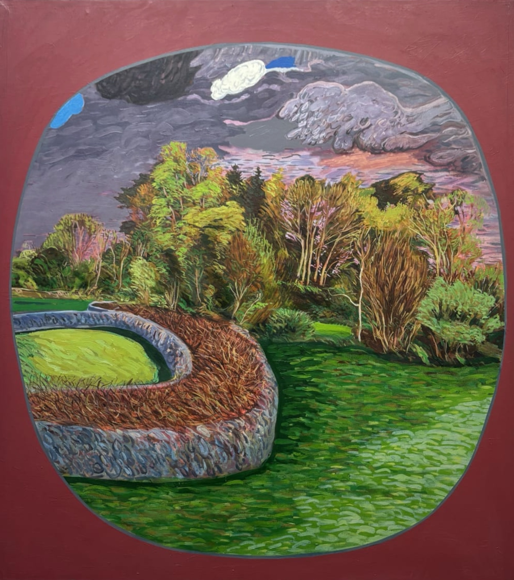 Brian Bourke | Winter Group Exhibition | Monday 15 December 2025  – Wednesday 28 January 2026 | Taylor Galleries | Image: Brian Bourke | landscape painting, sort of a tondo in that the landscape is within a fairly circular area on the canvas, with a maroon background outside this tondo shape; in the landscape brushstrokes dominate; we see a busy sky with clouds of various kinds, busy trees, active, perhaps windswept, a field, and towards the left a curving, possibly dry-stone, wall which is echoed for part of its trajectory towards the horizon by a second wall, and between the two there is solid-looking mass of some sort of ruddy grass; perhaps this was a laneway that got extremely overgrownGallery and invited artists 