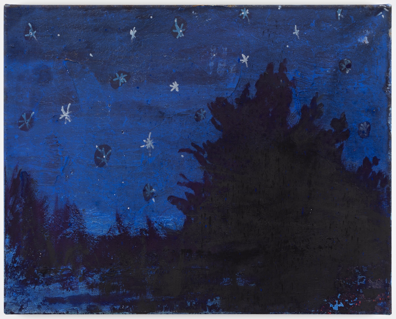 Elizabeth Magill: Startime, 2021, oil on canvas, 41 x 51 cm / 16.1 x 20.1 in | Winter Warmer 25 | Thursday 4 December  – Tuesday 23 December 2025 | Kerlin Gallery | Image: Elizabeth Magill: Startime, 2021, oil on canvas, 41 x 51 cm / 16.1 x 20.1 in | dark-blue moonless sky studded with simple stars; against this a few trees are black silhouettes, in particular one (or maybe more) towards centre-right of the painting, filling most of the right side of the image 