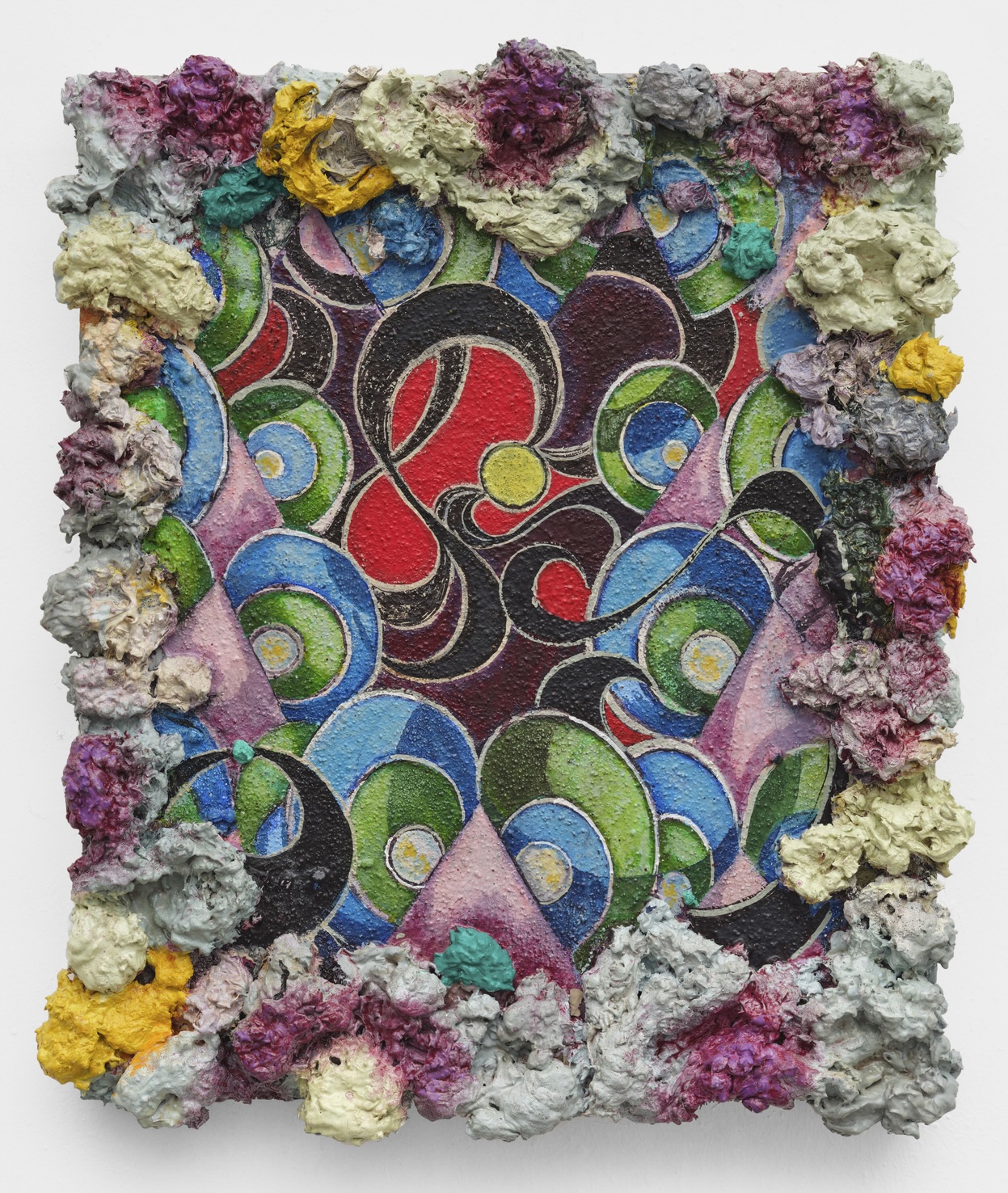 Phillip Allen: low memory (rough edge variation), 2025, oil on board, 60 x 50 cm / 23.6 x 19.7 in | Phillip Allen: Deep Waiting | Saturday 31 January  – Saturday 7 March 2026 | Kerlin Gallery | Image: Phillip Allen: low memory (rough edge variation), 2025, oil on board, 60 x 50 cm / 23.6 x 19.7 in | the main area of the painting is covered by a swirling pattern in red, blues, greens, black; there is a suggestion of something like a large ampersand; the ‘frame’ is of what looks like woolly oil paint in purples, pale greeens, yellows, and more 