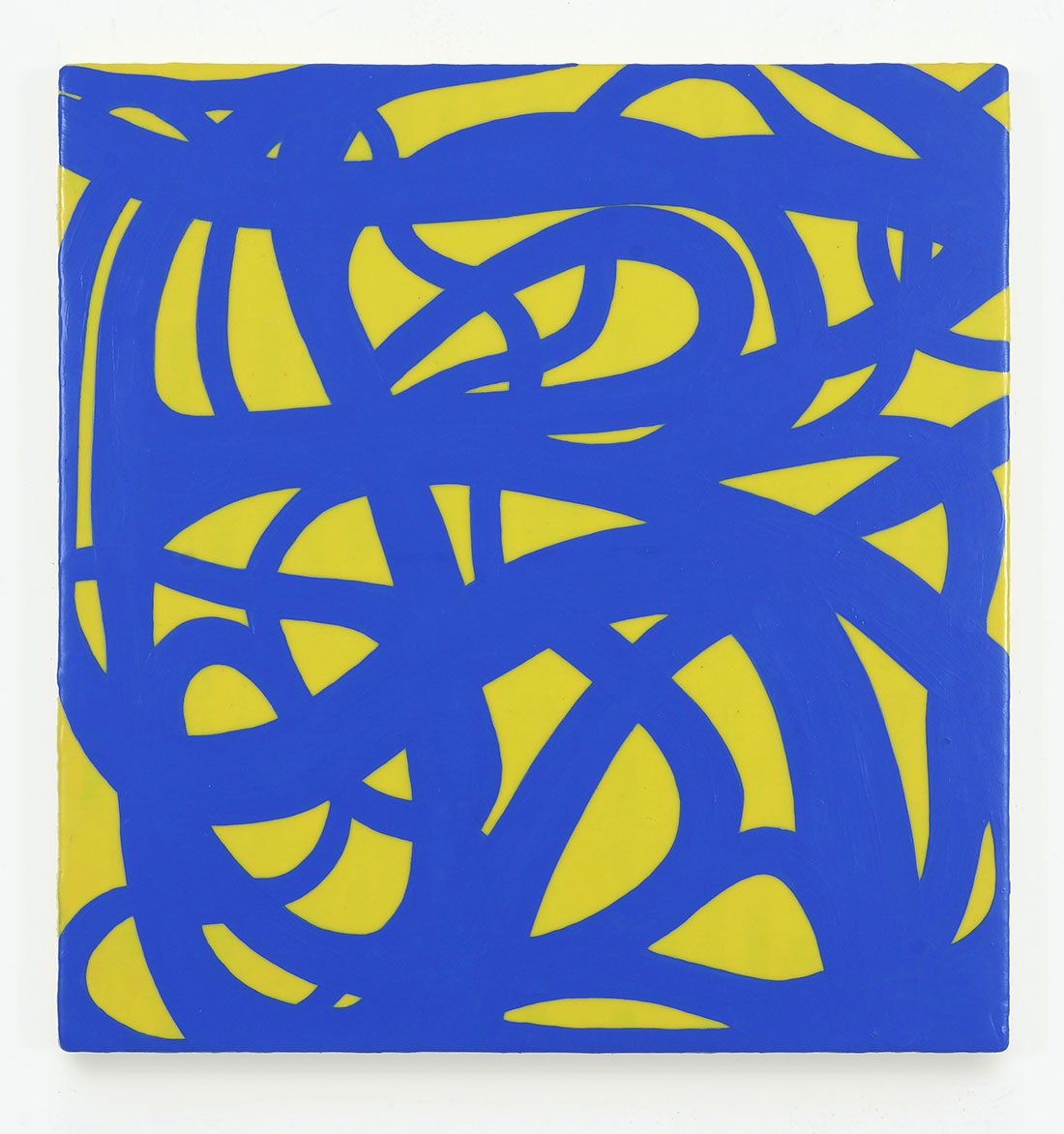 Ronnie Hughes: Blooshown, 2024, acrylic co-polymer on plywood, 54.5 x 52cm | Winter Group Show | Tuesday 9 December 2025  – Saturday 31 January 2026 | Molesworth Gallery | Ronnie Hughes: Blooshown, 2024, acrylic co-polymer on plywood, 54.5 x 52cm | a solid strong blue swirls around the canvas against a background of strong yellow – think Ukrainian or Swedish flag. bit very swirly 