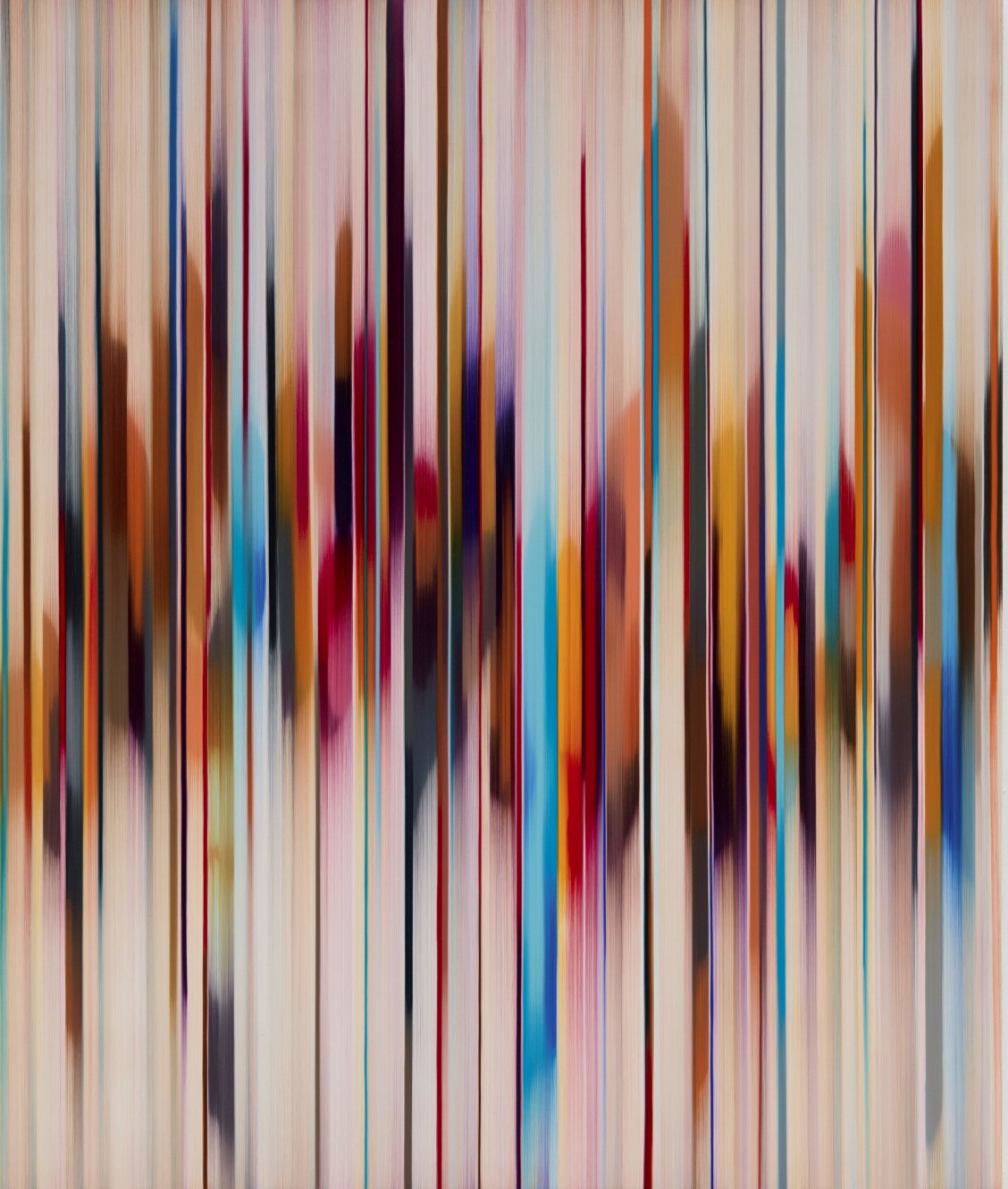Mark Francis: Oscillator I, 2025 Oil on canvas 183 x 153 cm | Mark Francis: TRACING ECHOES | Saturday 17 January  – Saturday 14 March 2026 | Solstice Arts Centre | Image: Mark Francis: Oscillator I, 2025 Oil on canvas 183 x 153 cm | there are maybe up to 50 notional vertical bars in this image, each of them containing some colour, often stain-like, usually towards the vertical centre; the effect is like seeing a bunch of people through a distorting sheet of glass, looking at a bit of x-ray spectroscopy, or bands of DNA 