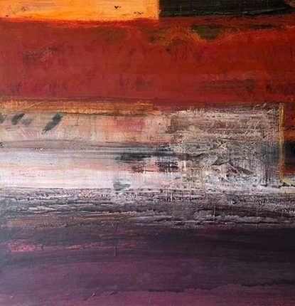 Bridget Flannery: Unquiet Layers | Wednesday 15 October 2025  – Saturday 17 January 2026 | Draíocht | Image: an abstract work; to simplify a bit, it is largely three bands of colours from left to right: a ruddy red towards the top, a troubled white across most of the middle, and a purple band at the bottom; right at the top, there are two half-bands: an orangey yellow to midway, then black for the rest of the wey, just for about the top 7% of the image; paint applied with gusto; marks visible, and layers let layers below them peep through 