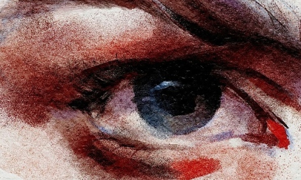 Photo by El S on Unsplash | The Point Of Origin | Saturday 14 March  – Saturday 18 April 2026 | The Source Arts Centre | Image: Photo by El S on Unsplash | what appears to be a watercolour of someone’s right eye; partial view of eyebrow; skin tones, and some red strokes 