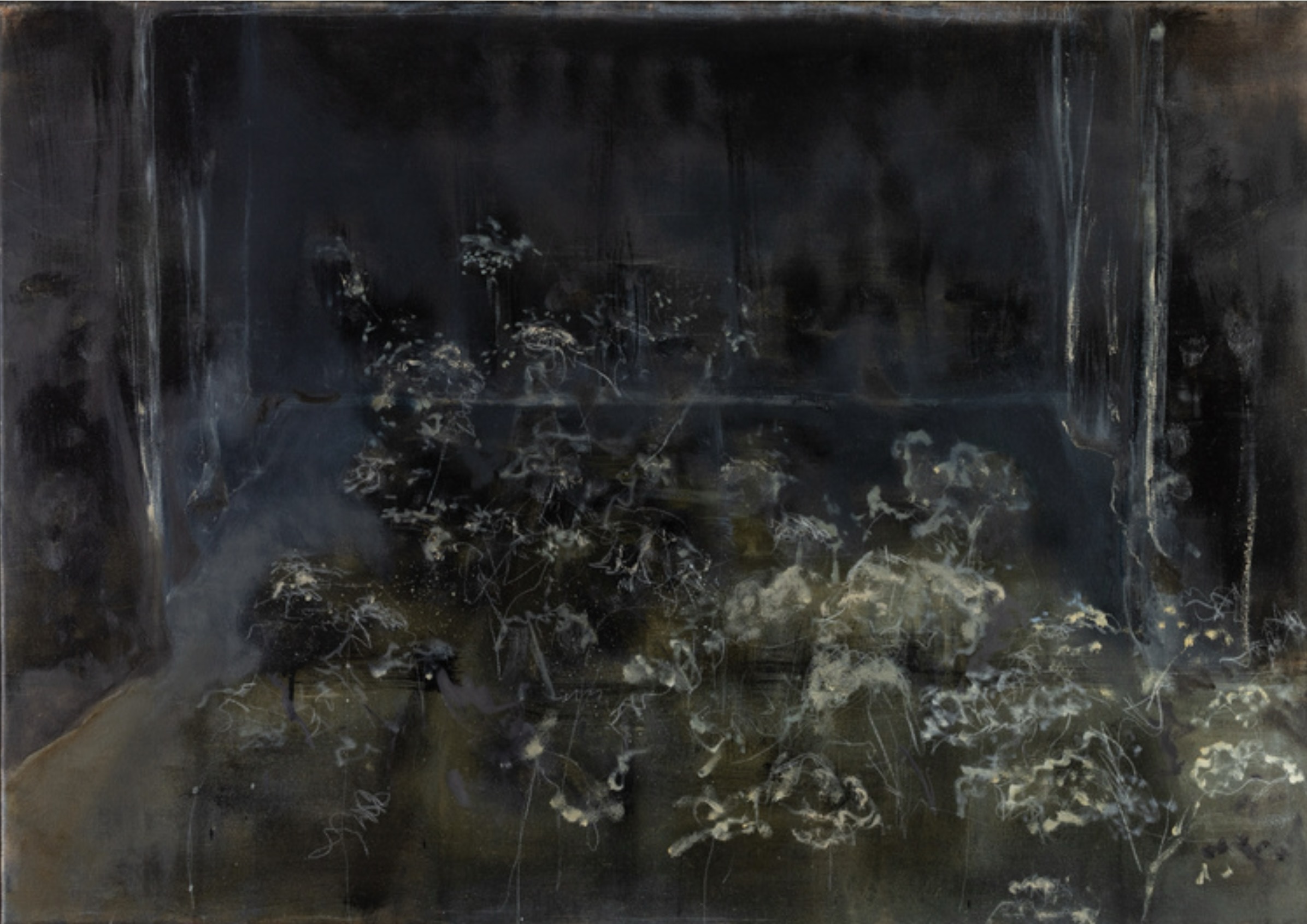 Beatrice O’Connell: Dark Theatre, 2025, 84 x 60, oil on canvas | Beatrice O’Connell: Daphne’s Theatre | Friday 30 January  – Saturday 21 February 2026 | Taylor Galleries | Image: Beatrice O’Connell: Dark Theatre, 2025, 84 x 60, oil on canvas | at first glance these look like dead-heads of flowers in a dark space; pale lines, white-ish to yellowish, a depiction of a proscenium arch maybe, stage flats maybe, echoes of Francis Bacon; but then the flower heads look more like those of people, hard to make out, moving about, what may be stems may be outlines of limbs, etc.