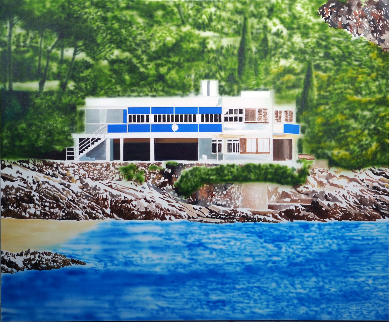 Eamon O'Kane: Eileen Gray's Dream House (E-1027), 2026, acrylic on canvas, 100 x 120 cm | Eamon O’Kane: Studio, House, Museum | Thursday 5 February  – Saturday 4 April 2026 | Hillsboro Fine Art | Image: Eamon O'Kane: Eileen Gray's Dream House (E-1027), 2026, acrylic on canvas, 100 x 120 cm | on the surface, this is a fairly photographic rendering of Eileen Gray’s famous house, viewed apparently from slight off-shore in the Mediterranean; what makes it very unusual as a painting in the different ways in which the paint is applied; the trees etc. in the hill behind the house, and also the see partially, seem to have been spray-painted on, through a stencil; the rocky shoreline uses a different technique, something close to watercolour or paint-by-numbers; the house itself, aparet from blurred edges where it meets the foliage, is very sharp-edged, almost like cut-out bits (particularly the strong-blue rectangles were glued to the canvas; fascinating inconsistency 