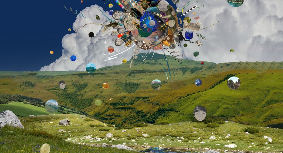 Elinor O’Donovan: Metametamorphosis | Saturday 24 January  – Saturday 14 March 2026 | SIRIUS | Image: a fairly typical photo of a relatively mountainous area in Ireland (if it is in Ireland), though the clouds are dramatic behind the hill in the distance; pleasant sunshine; a valley; rocky-and-grassy foreground; grazed out of it; but then there is a sort of buzzing floating exploding collection of images top centre and whole constellation of circular images that are possible satellites to it; they hold photos of faces, landscapes, other stuff 