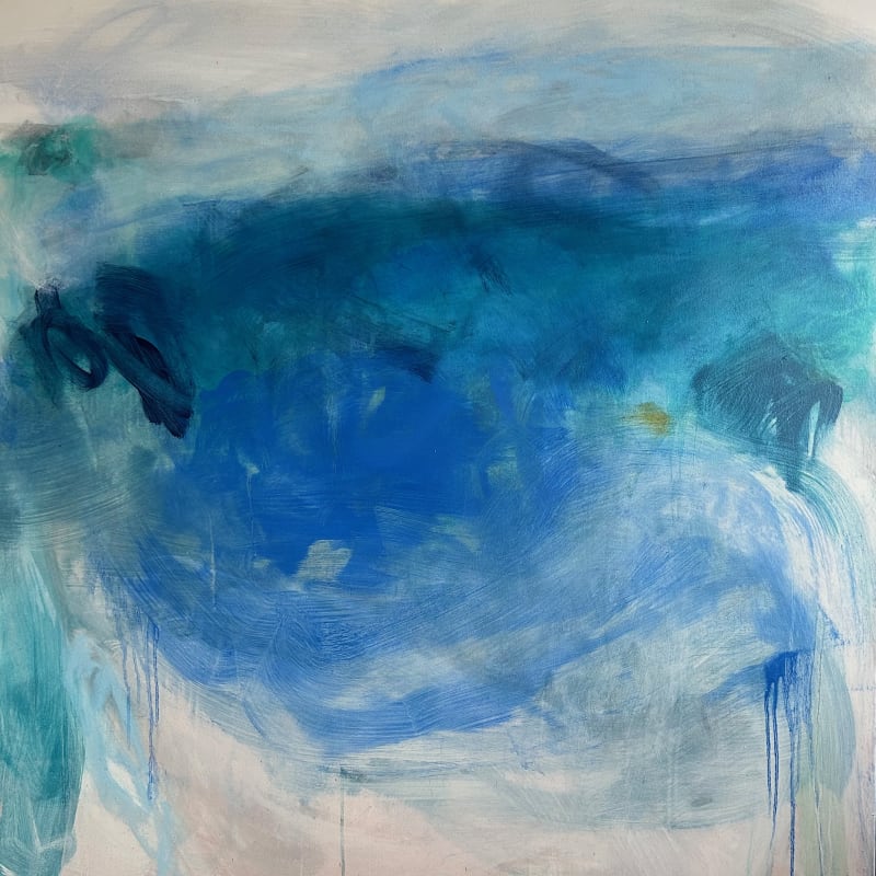 Leah Beggs: What’s Seldom Is Wonderful | Thursday 5 February  – Saturday 28 February 2026 | Solomon Fine Art | Image: Leah Beggs | painting, mostly about swirl and force; it could be taken for a seascape with land, water a strong blue in parts; there are marks that hint at some sort of object, particular towards the left edge of the canvas, black; brushstrokes are full of vigour; some flowing drips as well; things get paler towards the bottom of the canvas 