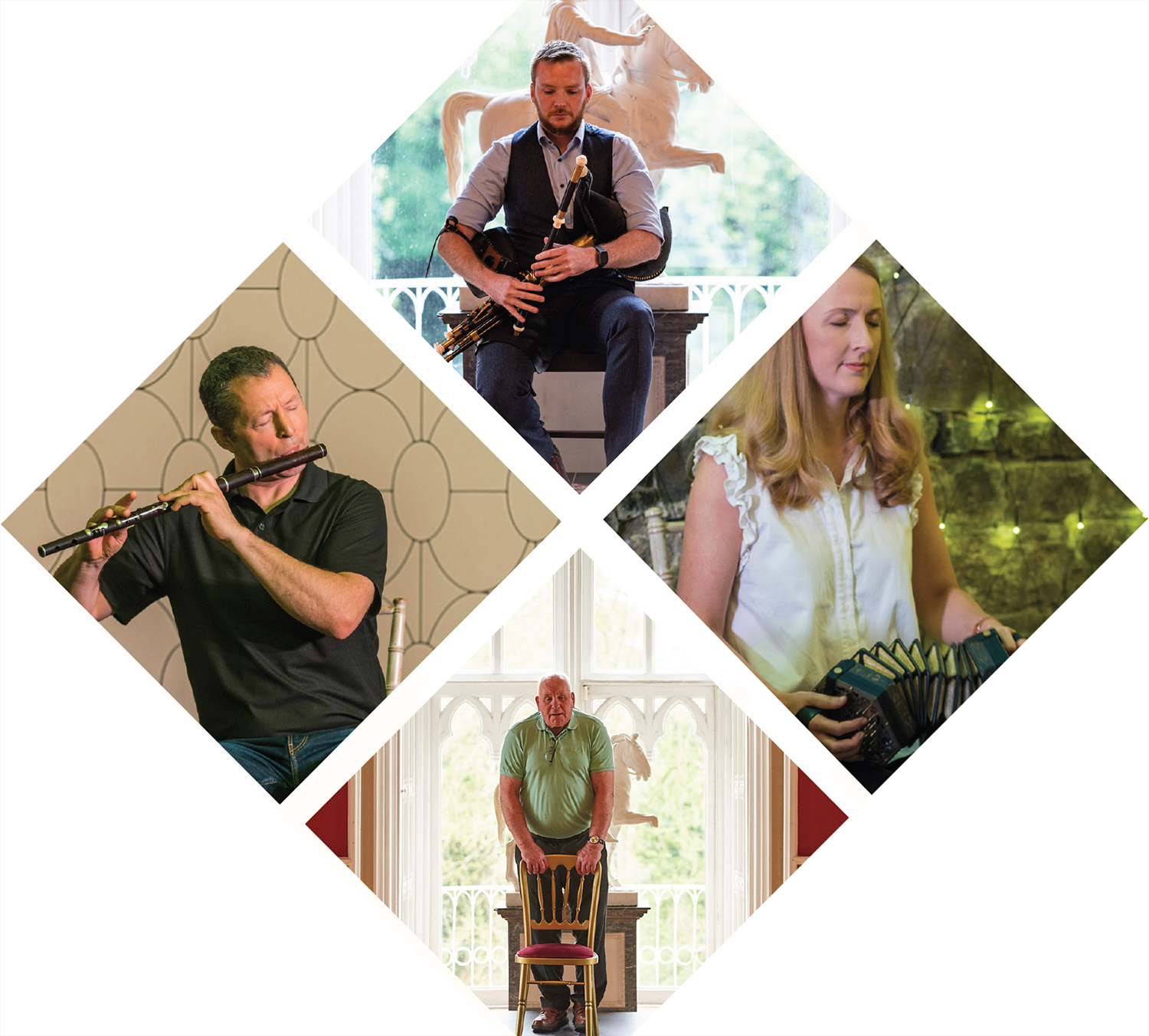 Meath Beo 10 | Monday 19 January  – Friday 20 February 2026 | Toradh2 Gallery | Image: four photos, each in a (square) diamond shape arranged as a 2 x 2 grid; each photo shows a performer – one on uilleann pipes, one on flute, one on squeeze-box, one possibly doing sean-nós singing 