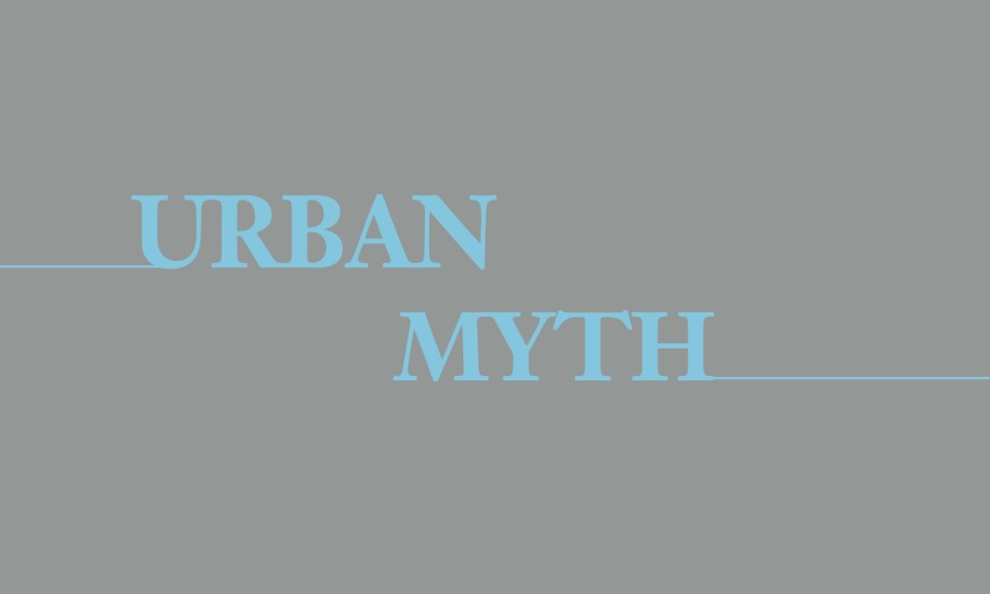 Urban Myth | Thursday 8 January  – Saturday 7 February 2026 | Kevin Kavanagh | Image: the words URBAN MYTH in capitalised serif sky-blue font against a grey background; a horizontal sky-blue line comes in from the left to the base of the U and a line departs from the right bottom of the H to the right edge of the image; the words are one above the other but displaced horizontally such that the M is just left of the N 