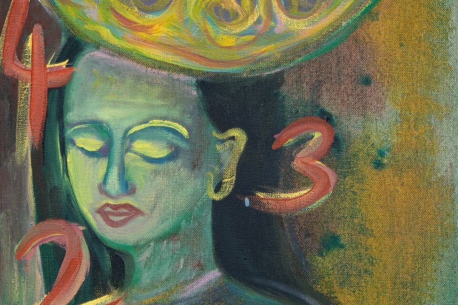 Lucy Stein: Lunula | Friday 13 March  – Sunday 3 May 2026 | Temple Bar Gallery + Studios | painting, probably in oils or acrylics; we see a face, slightly in profile, eyes closes to show bright yellow eyelids, while the face itself is mostly in shades of green, with lips outlined in red; also a yellow ear, long black hair; something that would be a pretty wild hat if it is a hat swooping down from the top of the canvas, mostly cropped; there are also three numbers in red on yellow: 4, 3, and most of a 2 