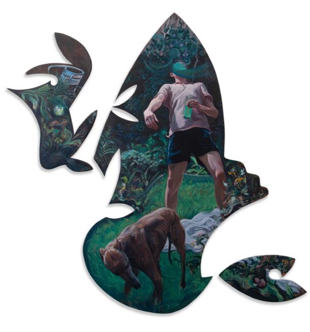 Owen de Forge: Mother’s Garden | Owen de Forge: Outlandish | Tuesday 24 February  – Saturday 23 May 2026 | Garter Lane Arts Centre | Owen de Forge: Mother’s Garden | this would be a fairly realistic portrayal of someone in their mother’s (presumably) garden, but for a few oddities: there are odd things getting into the images – something green occluding the figure’s face, some sort of grey-white hair flowing across a section of grass, a very rakish viewpoint, from what is almost below ground, though the dog in the foreground would have to be down there with us; but most of all, it is the wild curving shapes of the three supports on which  painting is painted that probably stands out most, organic, angular, unexplained 