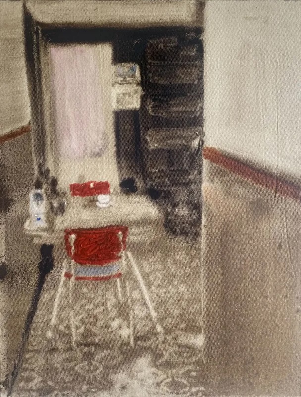 Michelle Conway: the 598 Series | Friday 13 February  – Friday 13 March 2026 | Molesworth Gallery | Image: painting of a domestic scene in a fairly realistic style; we see two red chairs facing each other across a table-for-two, three at a pinch; various items are on the table, possible a teacup among them; patterned floor; cloth or sheet hanging behind the far chair, shelving of some sort, and possibly the window of a back door 