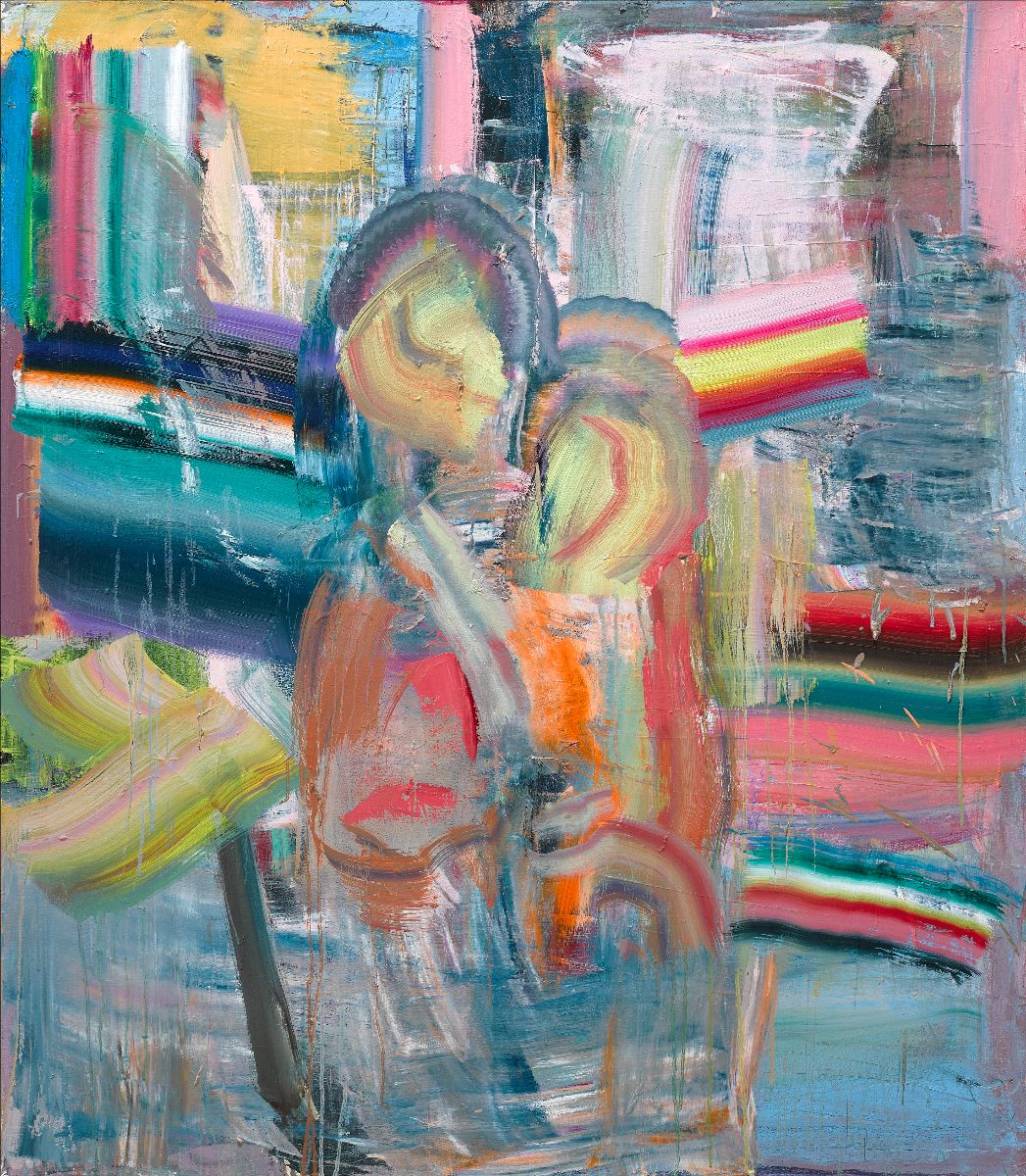 Diana Copperwhite, Cyphers, oil on canvas, 122 x 107 cm, 2025 | Diana Copperwhite: The Only Thing Is The Everything  | Thursday 12 February  – Saturday 14 March 2026 | Kevin Kavanagh | Diana Copperwhite, Cyphers, oil on canvas, 122 x 107 cm, 2025 |  although it is possibly a totally abstract work, it is hard not to summon up an impression of a madonna and child at the centre of the coloured swirls and stripes; behind these putative figures, there seems to be a space, like a store or library 