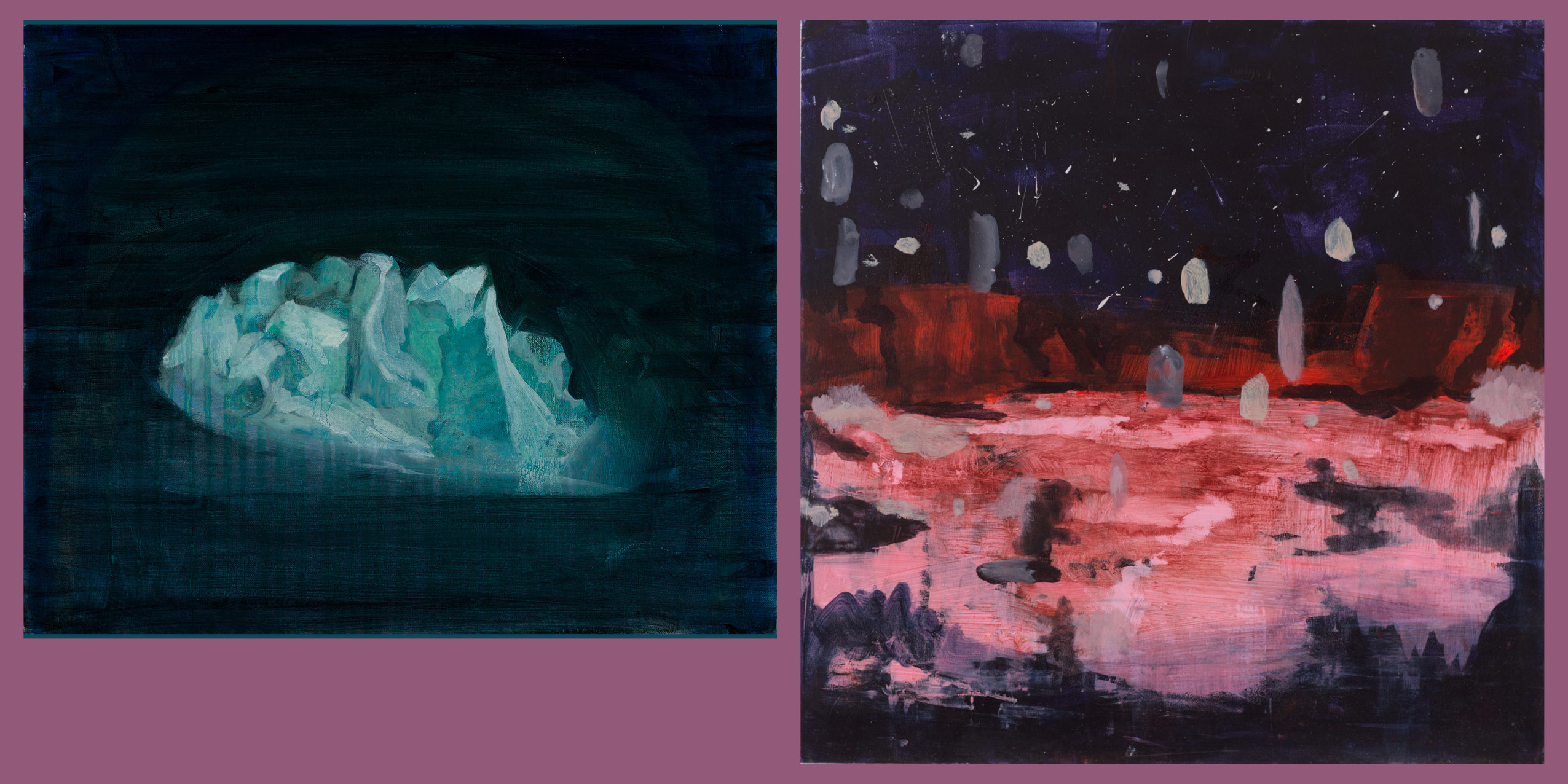 Jane Hughes and Selma Mäkelä: “Forward,” said granny in the snow… | Saturday 28 March  – Saturday 16 May 2026 | Uillinn: West Cork Arts Centre | Two paintings side by side against a purplish-pink background; the one on the left seems to be an overhead-to-one-side image of an iceberg on a black-blue sea; the one on the right appears to be depicting snow falling – big globs of it – on a reddish landscape against an inky sky; the style in both is broad-strokes representational 