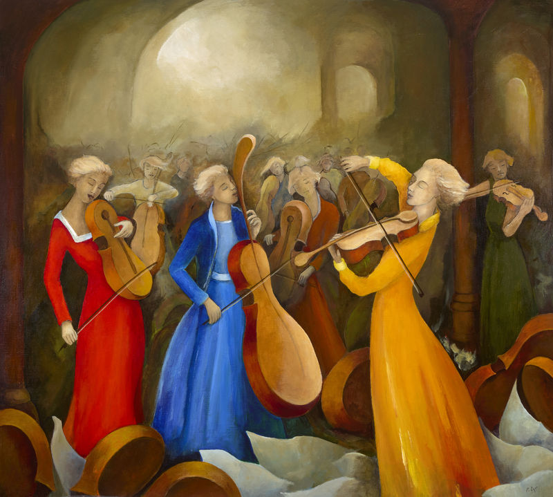 Margaret Egan: The Tonality of Music invades the Heart, acrylic on linen, 100 x 112cm | Margaret Egan: The Wonder of the Present. The Possibilities of the Future | Thursday 5 March  – Saturday 28 March 2026 | Solomon Fine Art | Margaret Egan: The Tonality of Music invades the Heart, acrylic on linen, 100 x 112cm | fantasy scene of a large group of musicians, three of whom are in the foreground wearing colourful dresses while holding a violin, a viola (?) and a third stringed instrument; the space seems to be a deep arched vault, with light pouring in in the distance; the floor / ground is suggestive of cloud or sheet music  