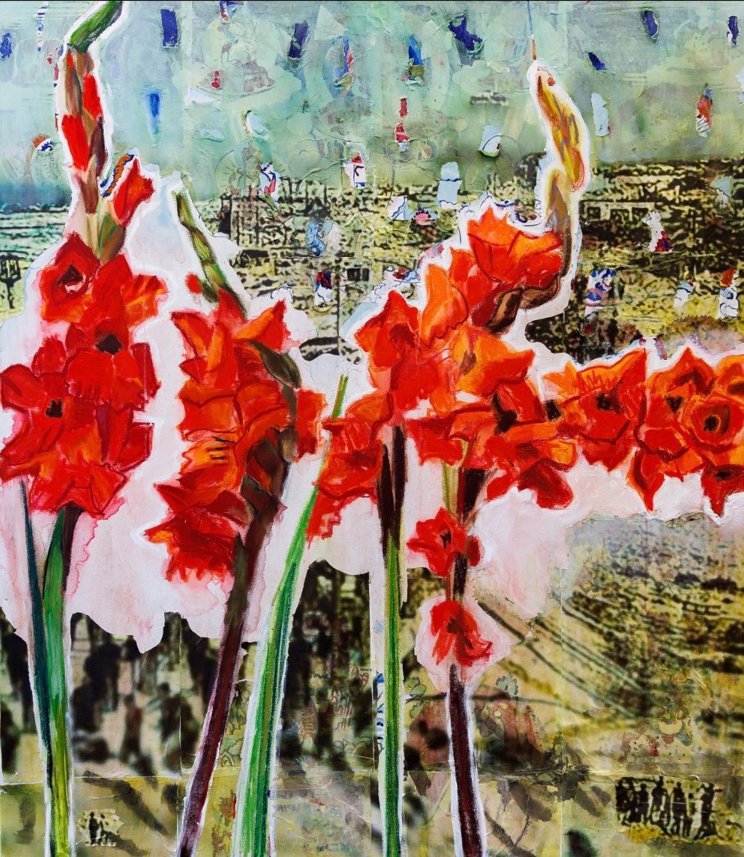 Regine Bartsch: What Lies Beneath, mixed media and collage on linen, 120 x 140 cm | Regine Bartsch: Flowers inside the Fire | Friday 6 March  – Saturday 28 March 2026 | Taylor Galleries | Regine Bartsch: What Lies Beneath, mixed media and collage on linen, 120 x 140 cm | it’s hard to make out what is in the background – a ruined city, sweets falling like bombs from the sky?; a seaside town with funky air-balloons? superimposed on the scene are stalks of red-orange gladioli, depicted quickly but realistically, along with stalks and leaves, and their edges are surrounded by a pinkish white taht covers over some of the background; in the foreground right and left – though in the background relative to the gladioli – there seem to be groups of people, just black shapes 