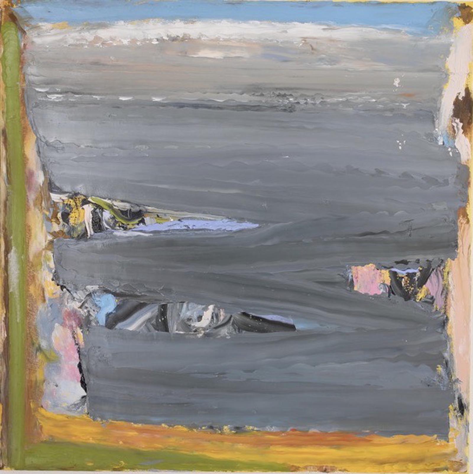 Eddie Kennedy: Cois Farraige, oil on canvas, 50 x 50 cm | Eddie Kennedy: From the Studio | Friday 17 April  – Saturday 30 May 2026 | Hillsboro Fine Art | Eddie Kennedy: Cois Farraige, oil on canvas, 50 x 50 cm | as the title implies, a seaside view; it is rendered, by all appearance, in thick swipes (almost) of paint; grey sea, cut into on the left by two headlands, possibly, and by one on the right; blue sky, white cloud above the horizon; and Kennedy’s usual uncertainty at the edge of the canvas, seemingly underpainting that was never going to be overpainted 