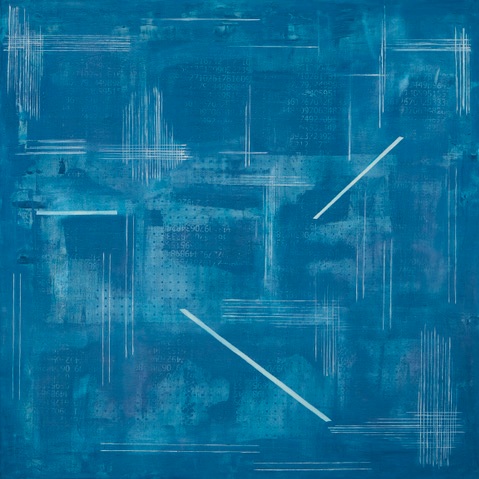 Elva Mulchone: In the Grid | Thursday 16 April  – Saturday 23 May 2026 | The LAB | Elva Mulchrone | Looks like many thinks; like a cyanotype; like a plan or elevation of a building, scratchily sketched, with white neon tubes at rakish angles; like some sort of typesetting in which only the E is discernable in a grid-ish layout; square 