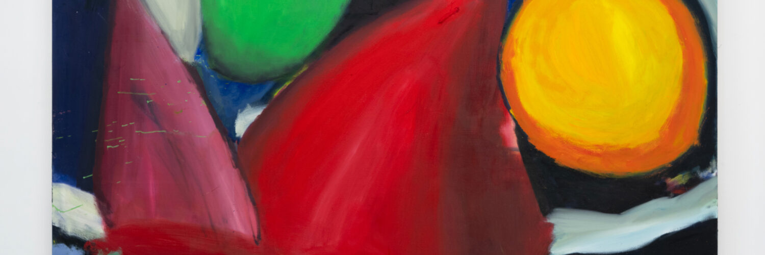 Yasmine Robinson, Moon River (2025). Oil on Canvas. | Yasmine Robinson: Glimmers | Saturday 28 March  – Saturday 6 June 2026 | CCA | Yasmine Robinson, Moon River (2025). Oil on Canvas. | colourful abstract shapes that may be describing a landscape – colourful triangular mounains, suggestion of clouds and sky, big round yellow sun on the right; but a green semicircle, roughly, towards top left, coming down from the top of the canvas doesn’t fit a straightforward landscape story 