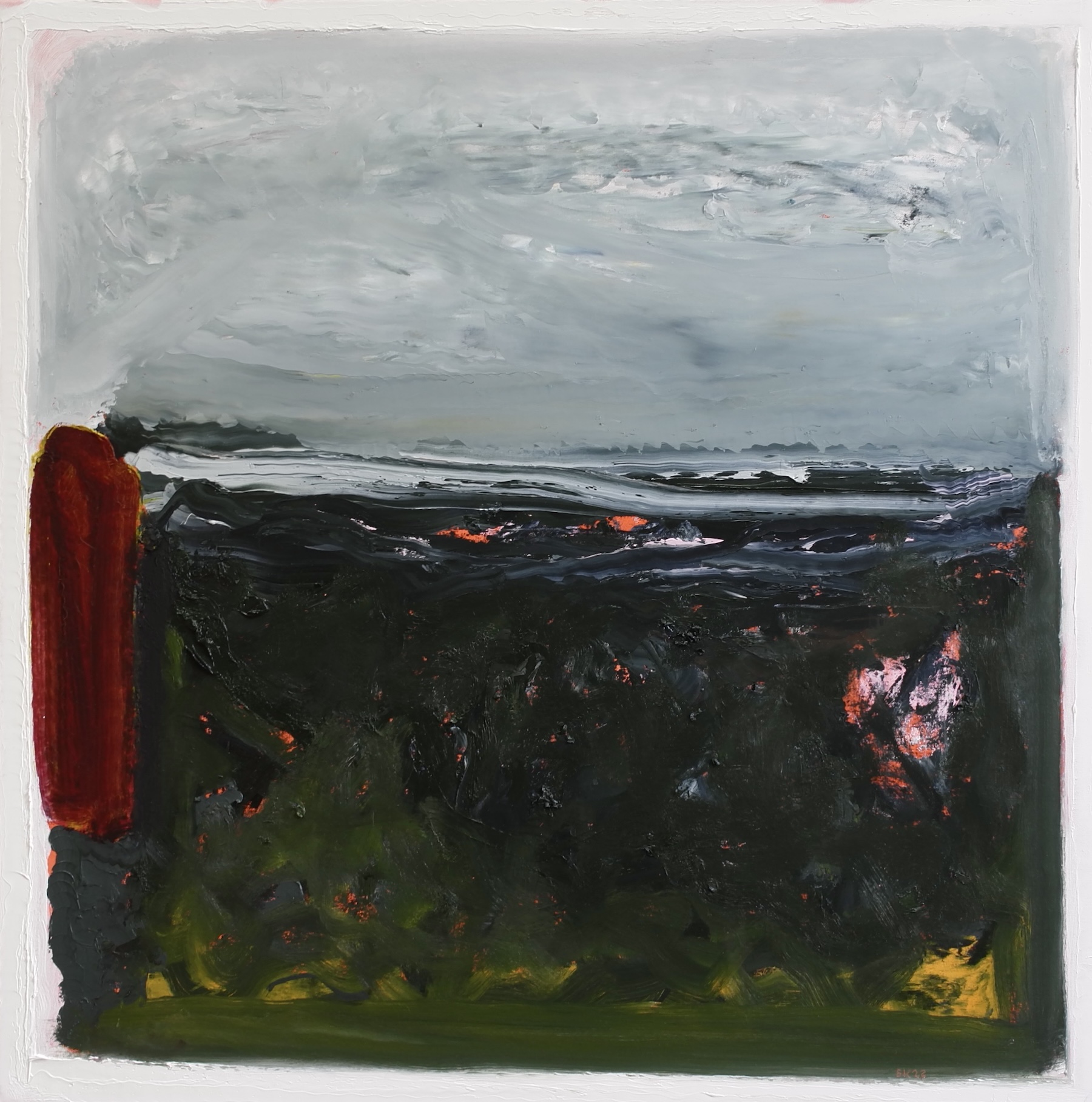 Eddie Kennedy: Evensong, 2023, oil on linen, 60 x 60 cm | Eddie Kennedy: From the Studio | Friday 17 April  – Saturday 30 May 2026 | Hillsboro Fine Art | Eddie Kennedy: Evensong, 2023, oil on linen, 60 x 60 cm | as the title implies, there is an evening feel to the artwork; it is rendered, by all appearance, in loaded sweeps of paint; grey sea, probably, horizon, cloud overhead, land nearer to us in dark greens and suggestions of red, pink, orange, yellow; looming dark-red shape towards the left edge of the artwork; and Kennedy’s usual uncertainty at the edge of the canvas 