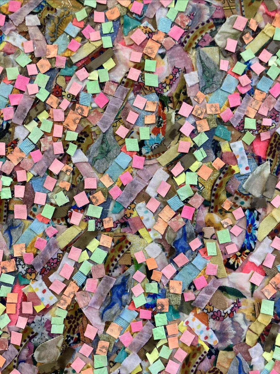 Mark Swords: If you adjust your eyes correctly, various materials on canvas, 50 x 40 cm, 2026 | Mark Swords: Pareidolia | Thursday 19 March  – Saturday 18 April 2026 | Kevin Kavanagh | Mark Swords: If you adjust your eyes correctly, various materials on canvas, 50 x 40 cm, 2026 | looks somewhat like an aerial view of a favela, but it also looks like post-it notes in various colours on a mosaic, or… 