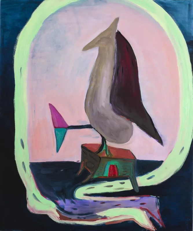 Alison Pilkington, Lord of the hollow, oil on canvas, 120 x 100cm | Alison Pilkington: Two Sisters | Thursday 30 April  – Thursday 28 May 2026 | Molesworth Gallery | Alison Pilkington, Lord of the hollow, oil on canvas, 120 x 100cm | a somewhat bird-shaped object is standing on what appears to be a piece of furniture, though it seems to have a little red door in it; this is happening in a space that is cursorily defined – pinkish background, dark floor, hints of 3D in the furniture object; the 'birrd' has hints of penguin, but one leg seems to be plant-like and the other, sticking forward, has two triangles, one purple, one ultramarine, as a foot; the head is like that of a pterodactyl, but only vaguely defined; a band of pale green surrounds most of this, and minnows or similar seem to be swimming in the band; and more 