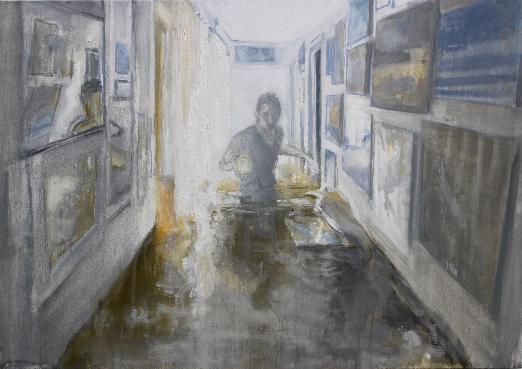 Bernadette Kiely, Imagine life without art, 2017/8, oil on canvas, 70 x 100 cm | Bernadette Kiely: We look at the world once… | Friday 17 April  – Saturday 2 May 2026 | Taylor Galleries | Bernadette Kiely, Imagine life without art, 2017/8, oil on canvas, 70 x 100 cm | painting in appropriately murky colours of a flooded corridor in a house; we see artworks on two walls, waist-high unpleasantly coloured water, and someone wading through it; strong white light is coming from the far end of the corridor; artworks may be floating in the flood 