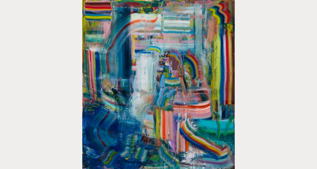 Diana Copperwhite, Floatilla | 196th RHA Annual Exhibition In association with McCann FitzGerald | Monday 25 May  – Sunday 9 August 2026 | Royal Hibernian Academy | Image: Diana Copperwhite, Floatilla | absrtract work, mostly, but with a suggestion of a figure at the centre; parallel stripes of strongly coloured paint, mostly straight, some curved 