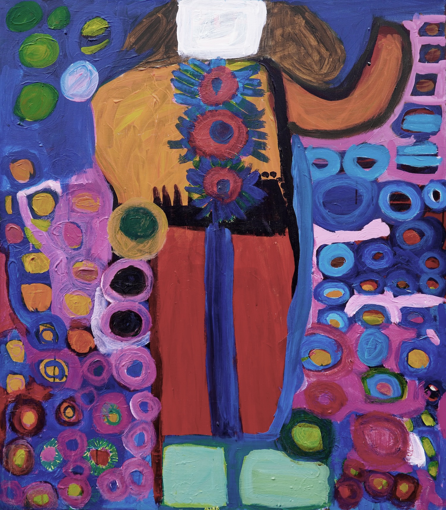 Lorna Corrigan, Naked Lady, acrylic on canvas, 100cm x 120cm, 2009 | KCAT: Lifework | Saturday 9 May  – Wednesday 26 August 2026 | Municipal Gallery | Lorna Corrigan, Naked Lady, acrylic on canvas, 100cm x 120cm, 2009 | strog colours; figure depicted in the middle of the image, white face, dynamic clothing, pale-green boots; background quite Klimt-like: lots of circles in different colours, though a bit sparser towards the top, where a blue dominates, possibly the sky; the figure is raising their left arm in a possible wave 