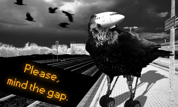 Brendan Cahill: Opportunity, digital collage, 2026 | Mind the Gap | Saturday 27 June 2026 | The Source Arts Centre | Brendan Cahill: Opportunity, digital collage, 2026 | photographic piece; we see a crow / raven / … standing on the platform of a train station, specifically Limerick Junction; its face has transformed into the front of an airplane, its legs into the landing gear for same; black birds fly behind, against a threatening sky; some suggestions of land, but in negative; bottom left, in orange pixellatd letters against a black background, all at a tilt, we read ‘Please, mid the gap’ as so often announced by Iarnród Éireann 