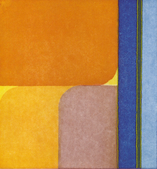 Sophia O'Sullivan, 38, Ed of 30, Etching & Aquatint, 36h x 34w cm, €160 unframed | What Comes Next | Thursday 16 April  – Friday 15 May 2026 | SO Fine Art Editions | Image: Sophia O'Sullivan, 38, Ed of 30, Etching & Aquatint, 36h x 34w cm | abstract work; blocks of colour, such as orange rectangle taking up most of the top half of the canvas; its bottom right corner is curved, revealing a yellow colour ‘underneath’;  somewhat similar shapes in yellow ochre and greyish pink blow the orange rectangle; to the right are vertical columns of colour, sort of squeezed against the right edge; broad blue band, narow yellow, less narrow black, narrow yellow, broad pale greyish blue 