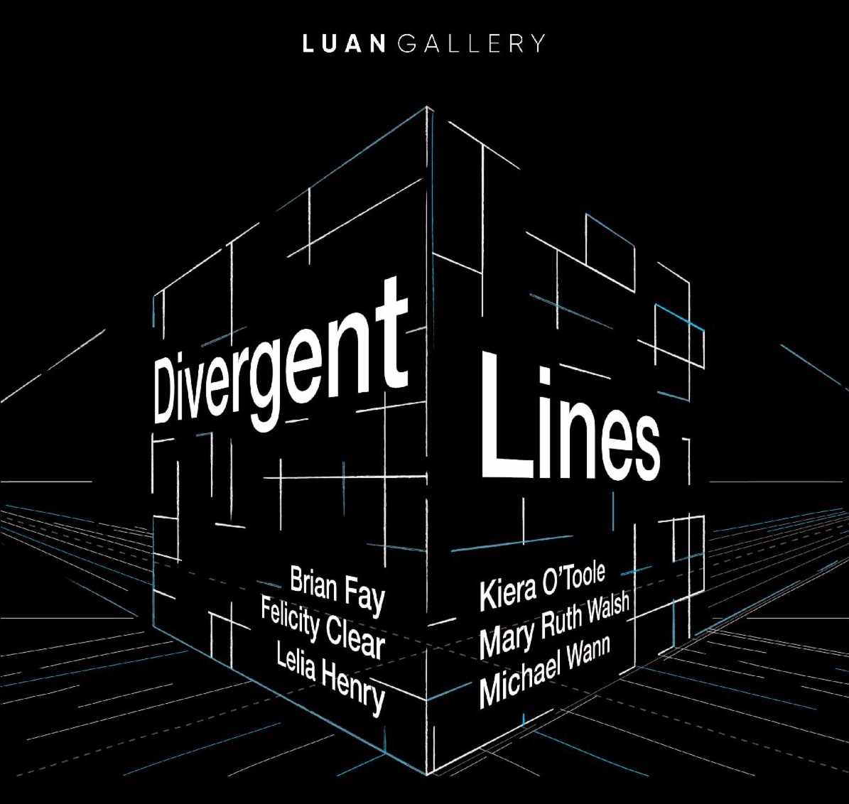 Divergent Lines | Saturday 25 April  – Sunday 21 June 2026 | Luan Gallery | Poster-like image; black background on which is suggested is the presence of a cube-like shape depicted by sparing use of white or blue lines that converge, unless vertical, to one or other of two vanishing points ‘off screen’ to the left and right; the convergence line-projections are shown; the cube, the lines pattern of horizontal and vertical lines suggest, is constructed of blocks of varying dimensions; above the cube we can read ‘LUAN GALLERY’, and in bold lettering on two sides of the cube 'Divergent lines', with the names of the artists underneath; white text in a sans-serif font 