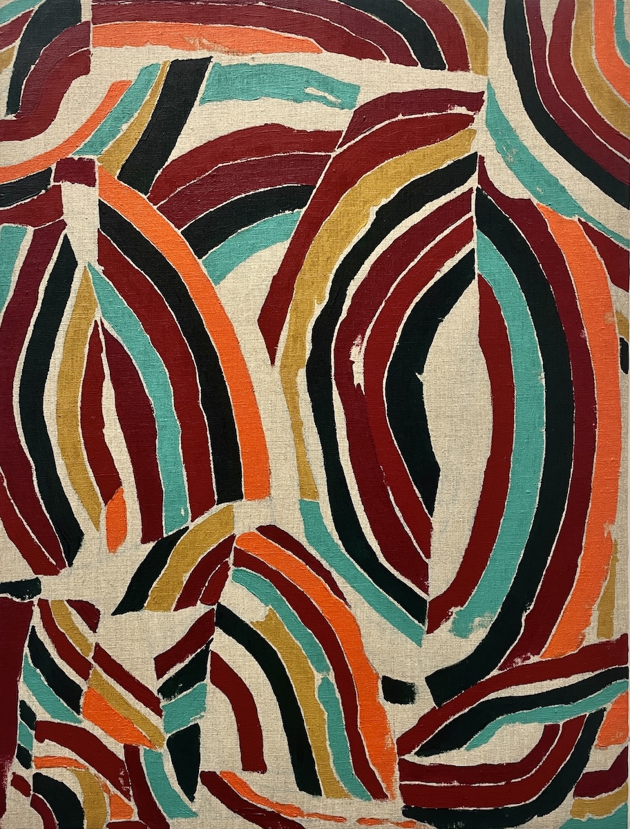 Mark Joyce | Mark Joyce: Wandering Star  | Saturday 11 April  – Friday 22 May 2026 | Green On Red Gallery | Mark Joyce | although this is a painting in portrait format, it looks very much like coloured strips of torn paper have been aligned alongside each other in gentle curves, and that these assemblies of curves are intern on pieces of paper that are assembled into a larger image; here and there raw canvas shows through  