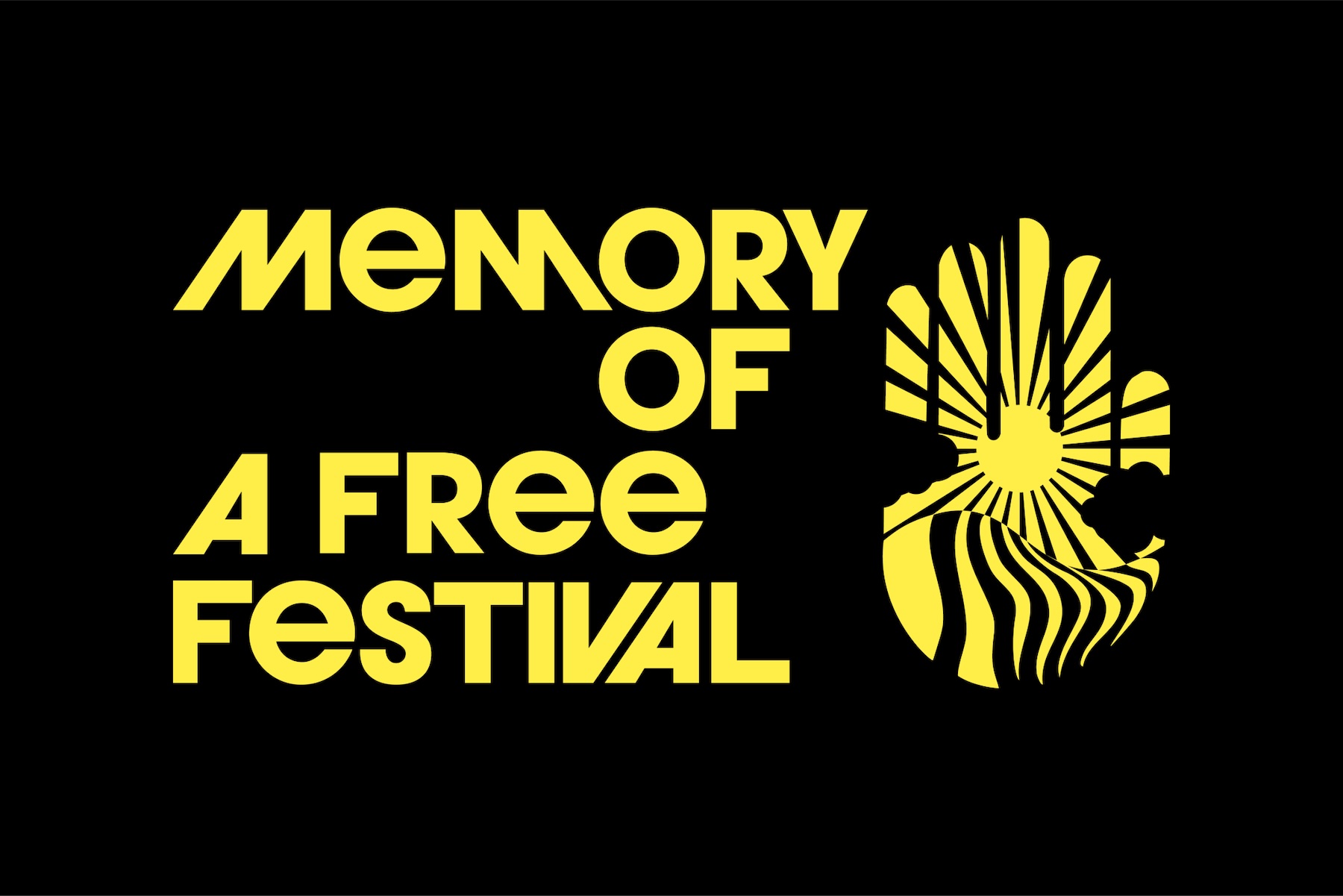 Memory of a Free Festival | Friday 17 April  – Saturday 20 June 2026 | Ormston House | Landscape-format image; yellow text, all in sans-serif capitals, that reads as “MEMORY OF A FREE FESTIVAL’ ranging over four lines. to its right is a simple hand-form dong a ‘stop’ gesture; there is a glowing sun – or glowing radiation source – in the middle of the hand, and shapes suggesting waves, maybe headlands as well 