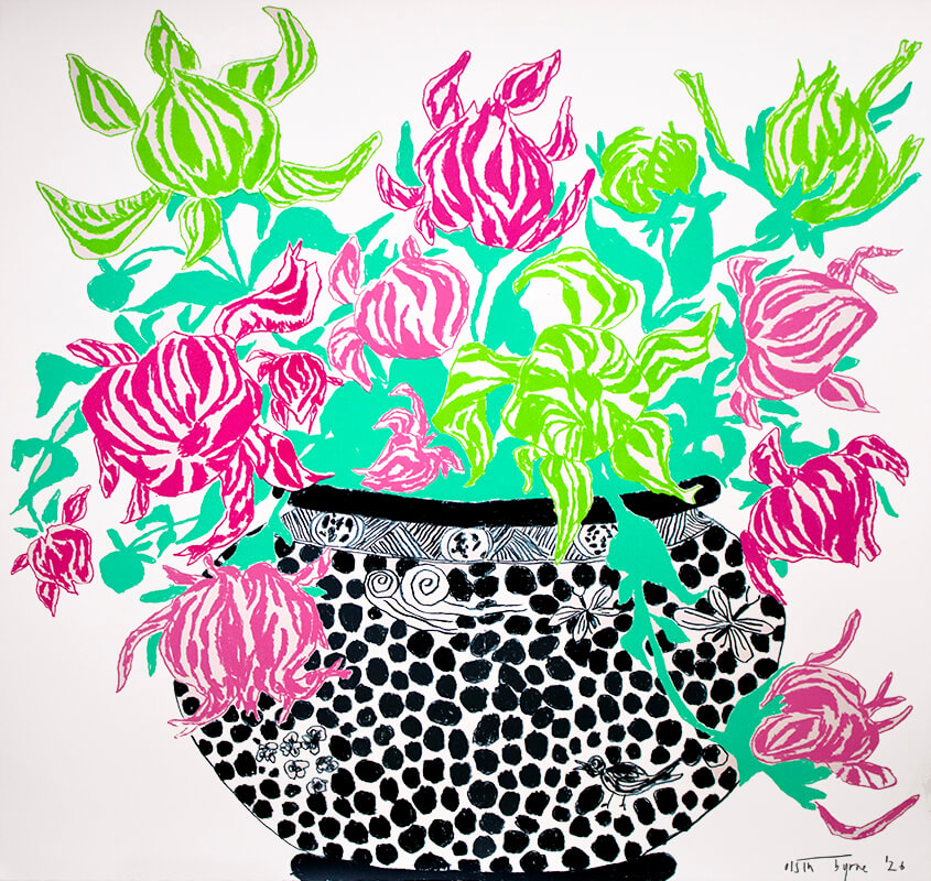 Oisín Byrne: Black Green Cut Flowers, 2026, screen print on Somerset Satin 410gsm paper, Ed of 60, 102h x 102w cm, €4000 unframed | Oisín Byrne: Cut Flowers | Thursday 28 May  – Friday 26 June 2026 | SO Fine Art Editions | Image: Oisín Byrne: Black Green Cut Flowers, 2026, Screen print on Somerset Satin 410gsm paper, Ed of 60, 102h x 102w cm, €4000 | floral arrangement in a rotund vase / pot of possibly pretty funky-shaped tulips in strong colours, primarily reddish and yellow-green; the foliage is a flat turquoise; the pot is black on white, dotted and patterned, all very loose; the image background is white 
