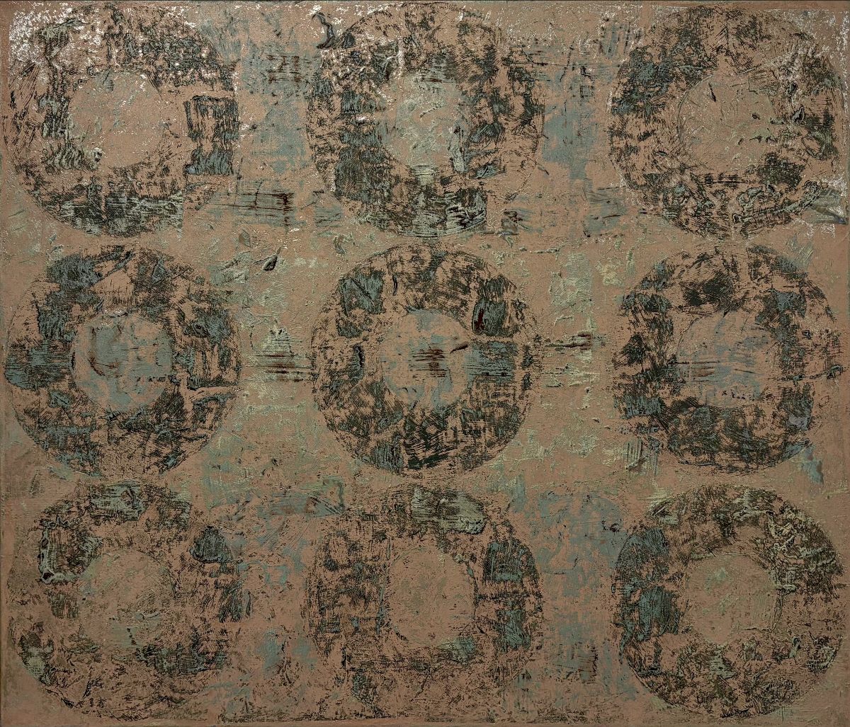 Makiko Nakamura: nine stone circles, 2026, oil+metal leaf on canvas, 45.5 x 53 cm | Makiko Nakamura: In Dublin | Thursday 14 May  – Saturday 6 June 2026 | Taylor Galleries | Makiko Nakamura: nine stone circles, 2026, oil+metal leaf on canvas, 45.5 x 53 cm |  a 3 x 3 matrix of toroids, their surfaces complexly patterned and ‘distressed”; the background is similarly textured, but less dark – 