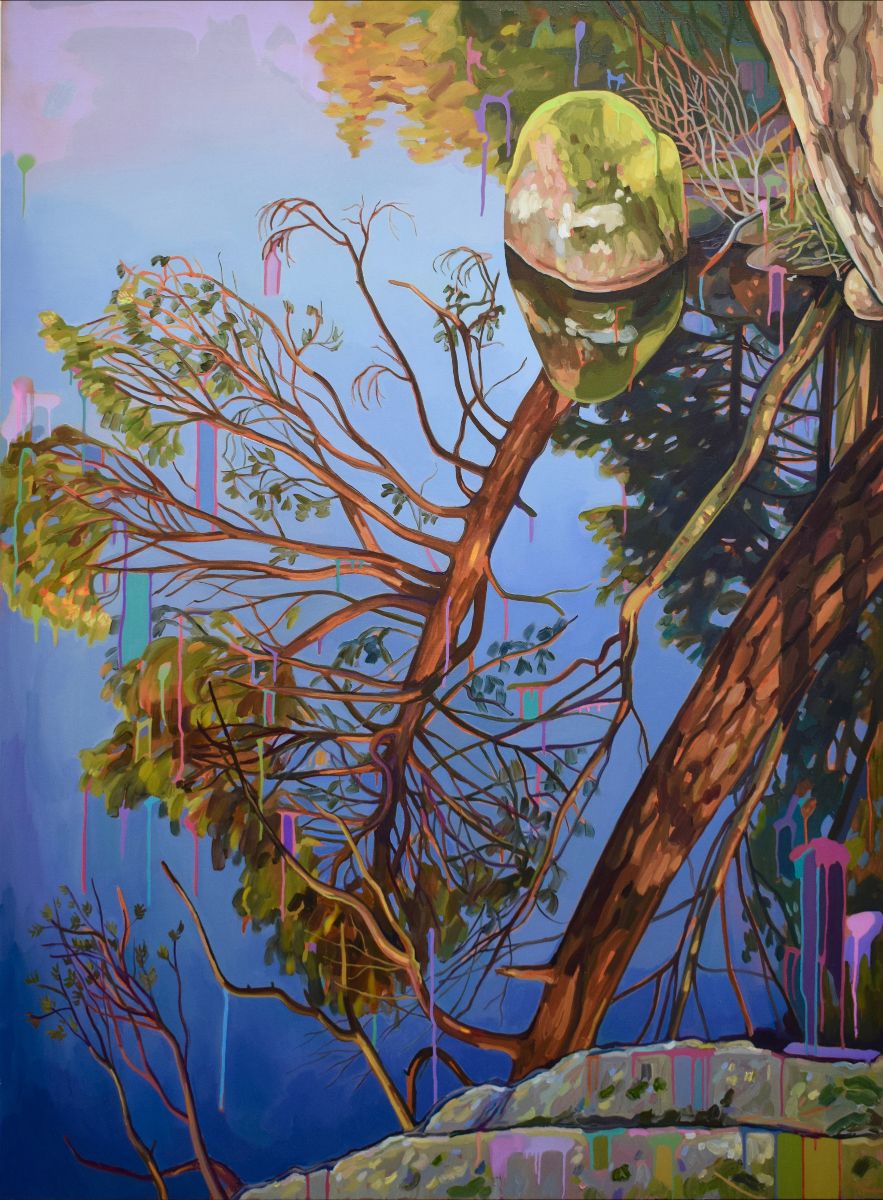 Cecilia Danell, The Upside Down World, oil and acrylic on linen, 190 x 140 cm, 2026 | Cecilia Danell: The Upside Down World | Thursday 28 May  – Saturday 27 June 2026 | Kevin Kavanagh | Cecilia Danell, The Upside Down World, oil and acrylic on linen, 190 x 140 cm, 2026 | at first glance this is a very realistic depiction of a reflection in still water; we see the trunk and branches of two trees, the trunk of a third, plus indications of more trees further off; a rock in the water punctures the reflection, though it too is reflected; what punctures more are depictions of improbably shaped and coloured drips of paint on the canvas, which also seem to be interacting with aspects of the thematic image 