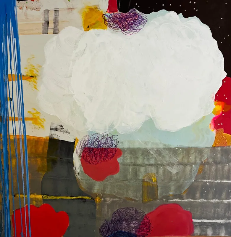 Eamon Coleman: Ah there did you ever dance in the woods, mixed media on canvas, 150 x 150cm | Eamon Colman: Curated by Rain | Thursday 28 May  – Saturday 20 June 2026 | Solomon Fine Art | Eamon Coleman: Ah there did you ever dance in the woods, mixed media on canvas, 150 x 150cm | agglomeration of shapes, most notably what may be a white cloud occupying most of the top half of the painting; there is a hint of a night sky with stars behind it on the right, and a sort of hint at fields – grey – below it on the right, but the other shapes are multiple and ambiguous: patches of strong red, wiry doodle-like wire-wool like entanglements; spidery strong-blue lines at the left edge, etc. 