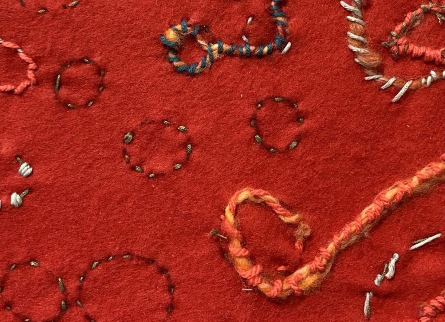 Jenny Humphreys:Unforgotten Imprints (Connections
Art Centre) | What Lies Within | Thursday 2 July  – Friday 21 August 2026 | Atypical Gallery | Jenny Humphreys:Unforgotten Imprints (Connections
Art Centre) | photograph of a detail of a textile work; probably a strong orange-red felt background onto which circles and other shapes are picked out in various materials sewn into the felt 