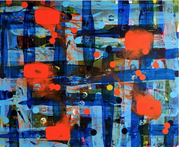 John Cronin: Fictional Fictions (Behavioural Harvest), 2026, Oil on canvas on board, 122 x 150 cm | John Cronin: FICTIONAL FICTIONS | Thursday 9 July  – Friday 4 September 2026 | Green On Red Gallery | John Cronin: Fictional Fictions (Behavioural Harvest), 2026, Oil on canvas on board, 122 x 150 cm |  layers and layers of criss-crossing horizontal and vertical brushstrokes in translucent colourm most notably strong blue and pastel blue; but there are also dots in crimson, and round-cornered, wispy-edged crimson rectangles to the fore, at five points on the canvas; they seem to be swimming