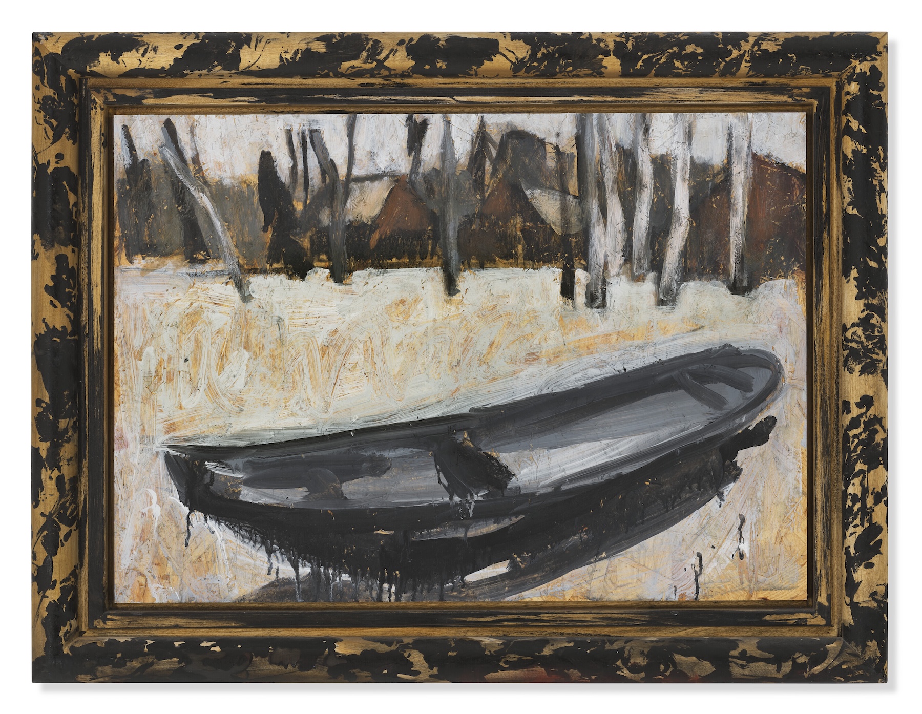 Markus Lüpertz, Charon II, 2010, oil on panel, 48 x 68 cm | International Contemporary | Friday 12 June  – Friday 21 August 2026 | Hillsboro Fine Art | Markus Lüpertz, Charon II, 2010, oil on panel, 48 x 68 cm | photo of a framed painting; it looks like a north European forest-village scene, possibly mid-winter – we see bare trunks, large buildings with sloped roofs behind, maybe a spire, white sky, yellow-and-white grass / land / possibly river, as there is a dark rowboat occupying most of the lower half of the painting; it seems hastily painted, with many drips of black; the frame is black and gold, very patchily 
