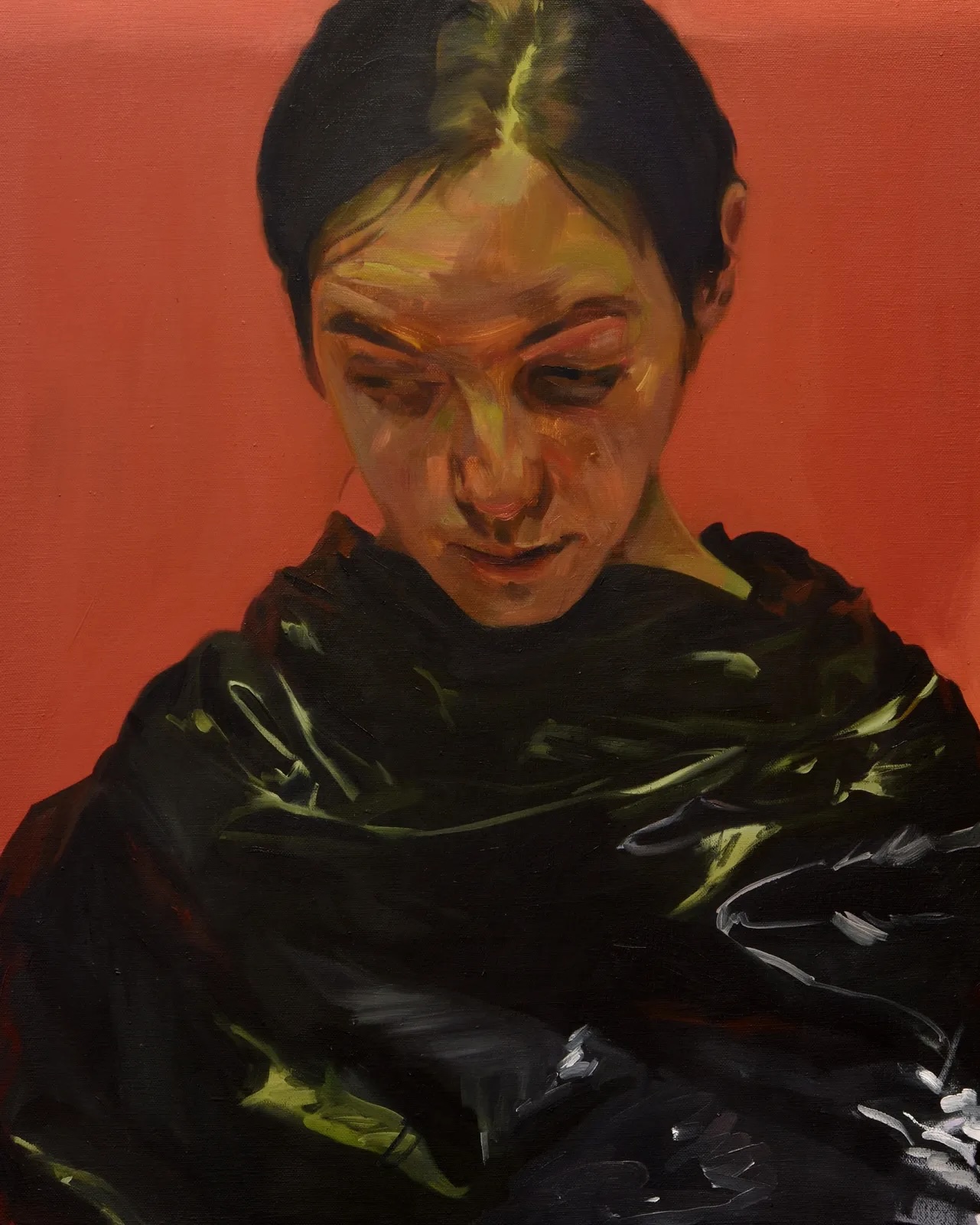 Sian Costello:
Freak out III, 2026,
oil on canvas, 60 x 50 cm | Sian Costello: It’s all about you | Friday 12 June  – Saturday 29 August 2026 | Taylor Galleries | Sian Costello: Freak out III, 2026, oil on canvas, 60 x 50 cm | portrait, possibly self-portrait, of head and upper body of a figure who is facing us but looking down, apparently lost in contemplation; dark hair pulled back with a parting, orange-red wall behind, and possibly wearing a black bin bag of which the light bounces 