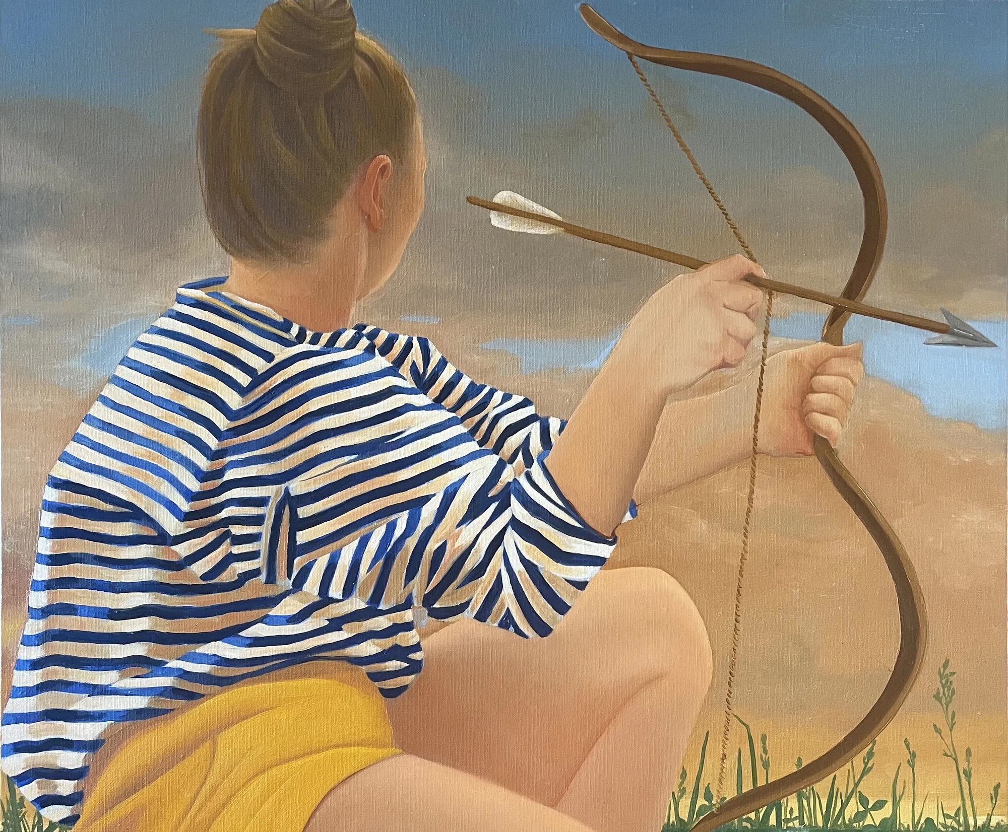Vanessa Jones, Crouching archer, oil on canvas, 81 x 65cm | Totems | Saturday 13 June  – Friday 17 July 2026 | Molesworth Gallery | Vanessa Jones, Crouching archer, oil on canvas, 81 x 65cm | fairly realistic rendition of a figure holding a bow and arrow; we see them looking away from us, right should to us, stripy blue-and-white top, yellow shorts, left hand holding the bow, right the arrow; clouds and a bit of blue sky behind, plus indications of vegetation towards the bottom  