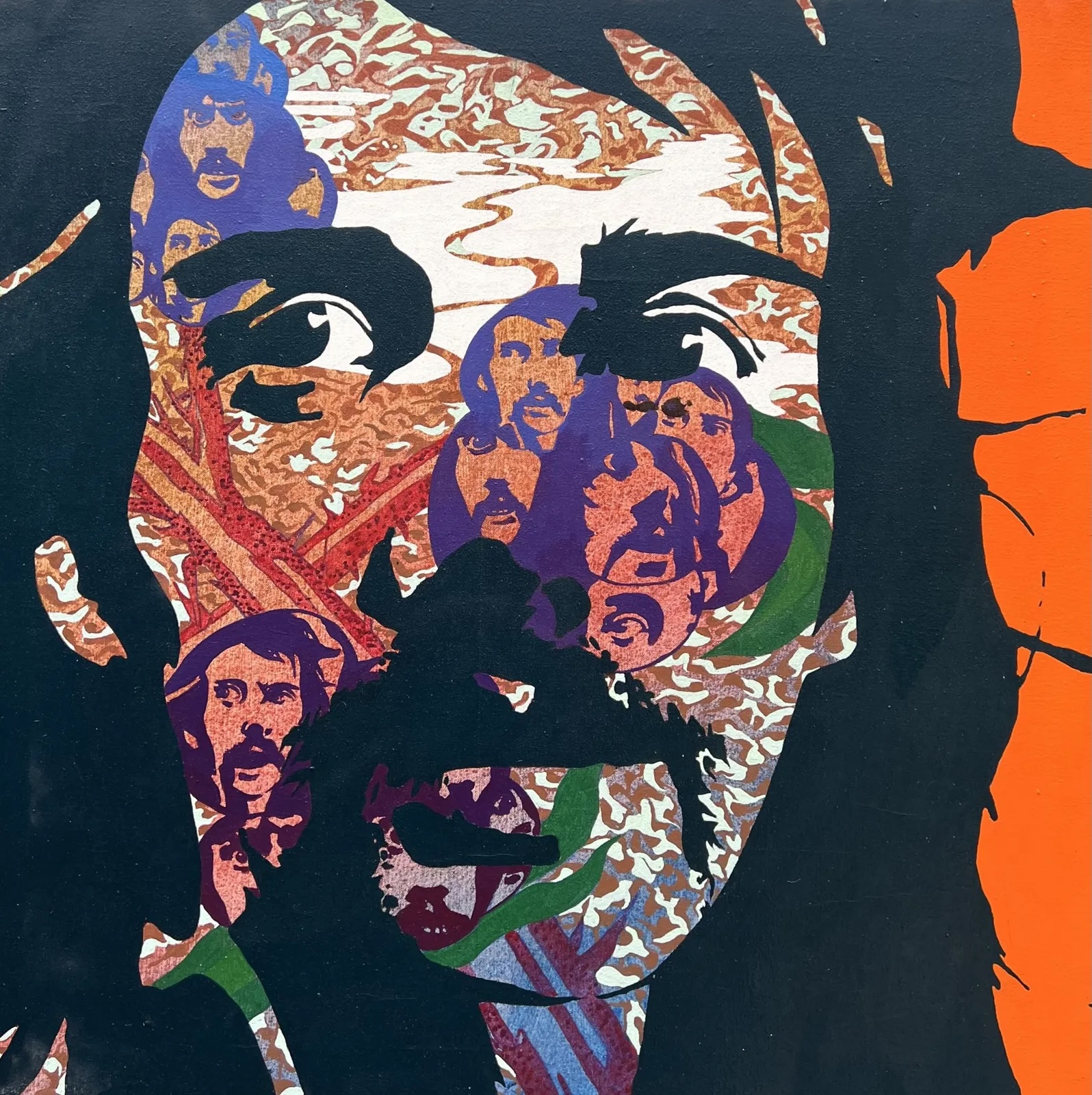Tim Goulding: Self Portrait, acrylic on canvas, 91 x 91 cm | Tim Goulding: VI Decades | Friday 17 July  – Saturday 22 August 2026 | Taylor Galleries | Tim Goulding: Self Portrait, acrylic on canvas, 91 x 91 cm | poster-like depiction of the head of the artist – long black hair, moustache, etc. in flat black, but where pale skin might be expected, instead it is transparent, revealing a background of repititions of clusters of this same face, though in purple not black, plus a fairly psychedelic patterning between these clusters 